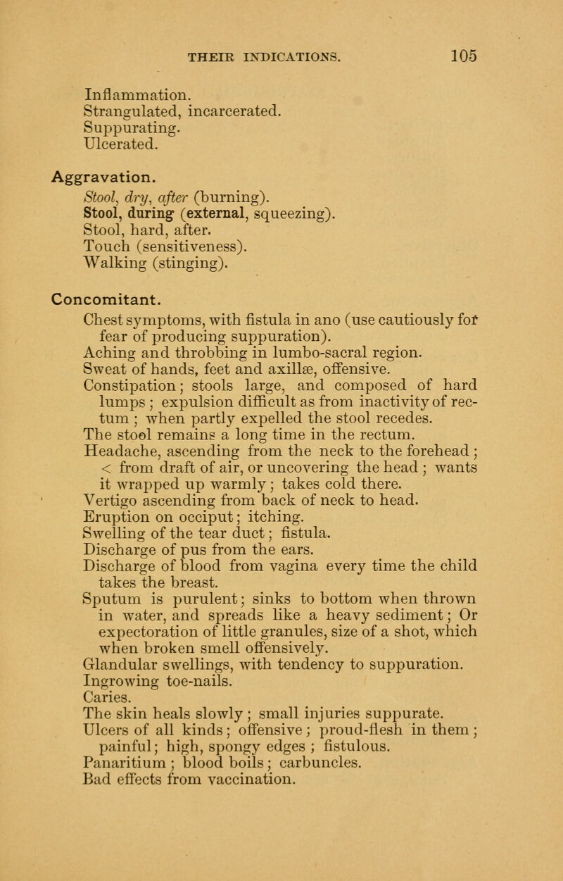 Inflammation. Strangulated, incarcerated. Suppurating. Ulcerated. Aggravation. Stool, dry, after (burning). Stool, during (external, squeezing). Stool, hard, after. Touch (sensitiveness). Walking (stinging). Concomitant. Chest symptoms, with fistula in ano (use cautiously fot fear of producing suppuration). Aching and throbbing in lumbo-sacral region. Sweat of hands, feet and axillae, offensive. Constipation; stools large, and composed of hard lumps ; expulsion difiicult as from inactivity of rec- tum ; when partly expelled the stool recedes. The stool remains a long time in the rectum. Headache, ascending from the neck to the forehead ; < from draft of air, or uncovering the head ; wants it wrapped up warmly; takes cold there. Vertigo ascending from back of neck to head. Eruption on occiput; itching. Swelling of the tear duct; fistula. Discharge of pus from the ears. Discharge of blood from vagina every time the child takes the breast. Sputum is purulent; sinks to bottom when thrown in water, and spreads like a heavy sediment; Or expectoration of little granules, size of a shot, which when broken smell offensively. Glandular swellings, with tendency to suppuration. Ingrowing toe-nails. Caries. The skin heals slowly ; small injuries suppurate. Ulcers of all kinds; offensive; proud-flesh in them ; painful; high, spongy edges ; fistulous. Panaritium ; blood boils; carbuncles. Bad effects from vaccination.