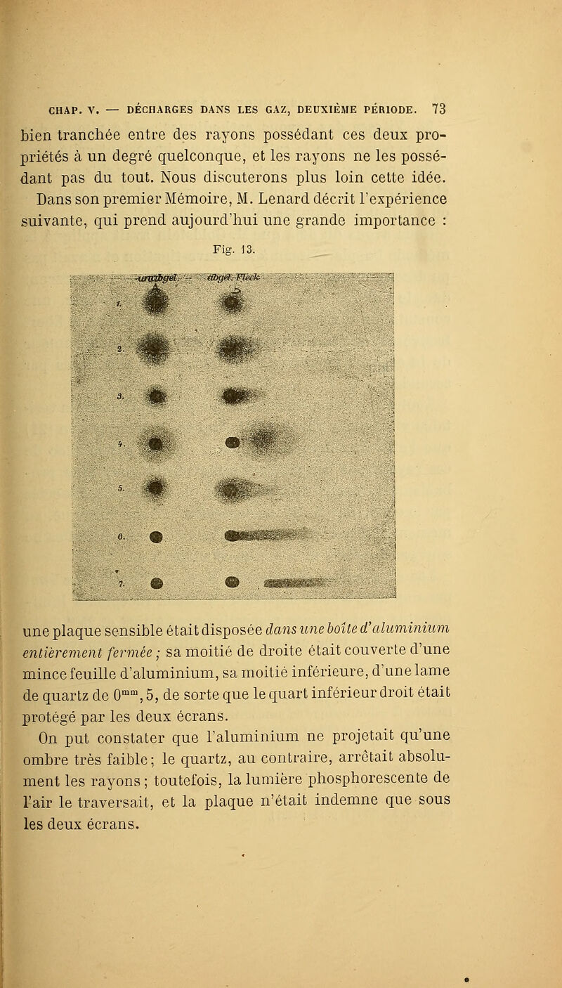 bien tranchée entre des rayons possédant ces deux pro- priétés à un degré quelconque, et les rayons ne les possé- dant pas du tout. Nous discuterons plus loin cette idée. Dans son premier Mémoire, M. Lenard décrit l'expérience suivante, qui prend aujourd'hui une grande importance : Fig. 13. - àbg&rFléekr ■■'.■ÉÈÊé-' une plaque sensible était disposée dans une boîte d'aluminium entièrement fermée ; sa moitié de droite était couverte d'une mince feuille d'aluminium, sa moitié inférieure, d'une lame de quartz de 0mn\ 5, de sorte que le quart inférieur droit était protégé par les deux écrans. On put constater que l'aluminium ne projetait qu'une ombre très faible; le quartz, au contraire, arrêtait absolu- ment les rayons; toutefois, la lumière phosphorescente de l'air le traversait, et la plaque n'était indemne que sous les deux écrans.