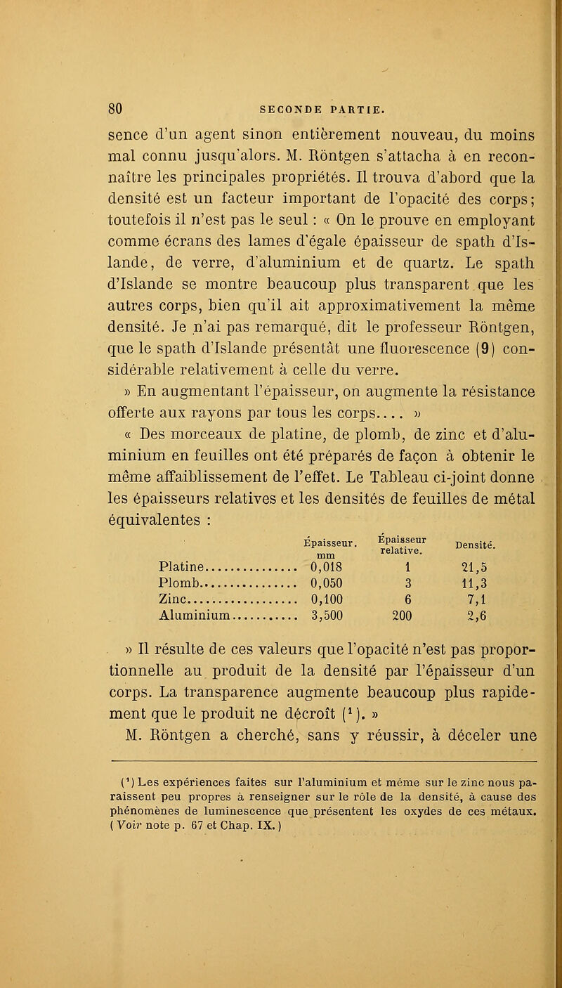 sence d'un agent sinon entièrement nouveau, du moins mal connu jusqu'alors. M. Rontgen s'attacha à en recon- naître les principales propriétés. Il trouva d'abord que la densité est un facteur important de l'opacité des corps ; toutefois il n'est pas le seul : « On le prouve en employant comme écrans des lames d'égale épaisseur de spath d'Is- lande, de verre, d'aluminium et de quartz. Le spath d'Islande se montre beaucoup plus transparent que les autres corps, bien qu'il ait approximativement la même densité. Je n'ai pas remarqué, dit le professeur Rontgen, que le spath d'Islande présentât une fluorescence (9) con- sidérable relativement à celle du verre. » En augmentant l'épaisseur, on augmente la résistance offerte aux rayons par tous les corps » « Des morceaux de platine, de plomb, de zinc et d'alu- minium en feuilles ont été préparés de façon à obtenir le même affaiblissement de l'effet. Le Tableau ci-joint donne les épaisseurs relatives et les densités de feuilles de métal équivalentes : Épaisseur. Epaisseur Densité. mm relative. Platine 0,018 1 21,5 Plomb 0,050 3 11,3 Zinc 0,100 6 7,1 Aluminium 3,500 200 2,6 » Il résulte de ces valeurs que l'opacité n'est pas propor- tionnelle au produit de la densité par l'épaisseur d'un corps. La transparence augmente beaucoup plus rapide- ment que le produit ne décroît (*). » M. Rontgen a cherché, sans y réussir, à déceler une (') Les expériences faites sur l'aluminium et même sur le zinc nous pa- raissent peu propres à renseigner sur le rôle de la densité, à cause des phénomènes de luminescence que présentent les oxydes de ces métaux. ( Voir note p. 67 et Chap. IX. )