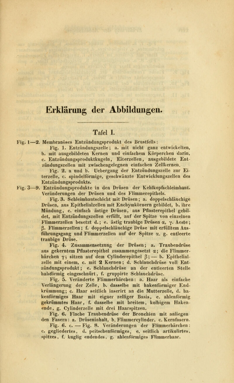 Erklärung der Abbildungen. Tafel I. Fig. 1—2. Membranöses Entzündungsprodukt des Brustfells: Fig. 1. Entzündungszelle; a. mit nicht ganz entwickelten, b. mit ausgebildeten Kernen und einfachem Körperchen darin, c. Entzündungsproduktkugeln, Eiterzellen, ausgebildete Ent- zündungszellen mit zwischengelegnen einfachen Zellkernen. Fig. 2. a und b. Uebergang der Entzündungszelle zur Ei- terzelle, c. spindelförmige, geschwänzte Entwicklungszellen des Entzündungsprodukts. Fig. 3—9. Entzündungsprodukte in den Drüsen der Kehlkopfschleimhaut. Veränderungen der Drüsen und des Flimmerepithels. Fig. 3. Schleimhautschicht mit Drüsen; a. doppelschläuchige Drüsen, aus Epithelialzellen mit Enchymkörnern gebildet, b. ihre Mündung, c. einfach ästige Drüsen, aus Pflasterepithel gebil- det, mit Entzündungszellen erfüllt, auf der Spitze von einzelnen Flimmerzellen besetzt d.; e. ästig traubige Drüsen a, y. Aeste; ß. Flimmerzellen; f. doppelschläuchige Drüse mit erfülltem Aus- führungsgang und Flimmerzellen auf der Spitze a. g. entleerte traubige Drüse. Fig. 4. Zusammensetzung der Drüsen; a. Traubendrüse aus gekerntem Pflasterepithel zusammengesetzt a; die Flimmer- härchen Y5 sitzen auf dem Cylinderepithel ß;— b. Epithelial- zelle mit einem, c. mit 2 Kernen; d. Schlauchdrüse voll Ent- zündungsprodukt ; e. Schlauchdrüse an der entleerten Stelle halsfÖrmig eingeschnürt, f. gruppirte Schlauchdrüse. Fig. 5. Veränderte Flimmerhärchen: a. Haar als einfache Verlängerung der Zelle, b. dasselbe mit hakenförmiger End- krümmung; c. Haar seitlich inserirt an die Mutterzelle, d. ha- kenförmiges Haar mit eigner zelliger Basis, e. ahlenförmig gekrümmtes Haar, f. dasselbe mit breitem, kolbigem Haken ende, g. Cylinderzelle mit drei Haarspitzen. Fig. 6. Flache Traubendrüse der Bronchien mit anliegen den Fasern: a. Drüseninhalt, b. Flimmercylinder, c. Kernfasern. Fig. 6. c. —' Fig. 8. Veränderungen der Flimmerhärchen: c. gegliedertes, d. peitschenförmiges, e. seitlich artikulirtes, spitzes, f. kuglig endendes, g. ahlenförmiges Flimmerhaar.