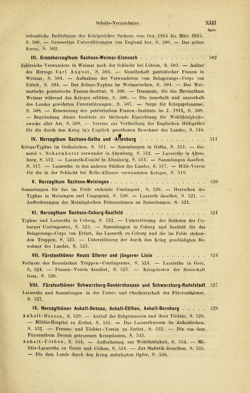 Seite ordentliche Bedürfnisse des Königreiches Sachsen vom Oct. 1813 bis März 1815. S. 500. — Grossartige Unterstützungen von England her, S. 500. — Das grüne Kreuz, S. 502. III. Grossherzogthum Sachsen-Weimar-Eisenach 502 Zahlreiche Verwundete in Weimar nach der Schlacht bei Lützen, S. 503. — Aufruf des Herzogs Carl August, S. 503. — Gesellschaft patriotischer Frauen in Weimar, S. 504. — Aufnahme der Verwundeten vom Belagerungs - Corps von Erfurt, S. 504. — Der Kriegs-Typhus im Weimarischen, S. 504. — Das Wei- marische patriotische Frauen-Institut, S. 506. — Drangsale, die das Herzogthum Weimar während des Krieges erlitten, S. 506. — Die innerhalb und ausserhalb des Landes gewährten Unterstützungen, S. 507. — Sorge für Kriegsgefangene, S. 508. — Erneuerung des patriotischen Frauen-Instituts im J. 1815, S. 50S. — Begründung dieses Instituts als bleibende Einrichtung für Wohlthätigkeits- zwecke aller Art, S. 509. — Vereine zur Vertheilung der Englischen Hilfsgelder für die durch den Krieg in's Unglück gerathenen Bewohner des Landes, S. 510. IV. Herzogthum Sachsen-Gotha und -Altenburg 511 Kriegs-Typhus im Gothaischen, S. 511. — Sammlungen in Gotha, S. 511. — Ge- neral v. Scharnhorst verwundet in Altenburg, S. 512. — Lazarethe in Alten- burg, S. 512. — Lazareth-Comite' in Altenburg, S. 514. — Sammlungen daselbst, S. 517. — Lazarethe in den anderen Städten des Landes, S. 517. — Hilfs-Verein für die in der Schlacht bei Belle-Alliance verwundeten Krieger, S. 519. V. Herzogthum Sachsen-Meiningen 520 Sammlungen für das im Felde stehende Contingent, S. 520. — Herrschen des Typhus in Meiningen und Umgegend, S. 520. — Lazareth daselbst, S. 521. — Aufforderungen der Meiningischen Prinzessinnen zu Sammlungen, S. 521. VI. Herzogthum Sachsen-Coburg-Saalfeld . 521 Typhus und Lazarethe in Coburg, S. 522. — Unterstützung der Soldaten des Co- burger Contingentes, S. 523. — Sammlungen in Coburg und Saalfeld für das Belagerungs-Corps von Erfurt, das Lazareth zu Coburg und die im Felde stehen- den Truppen, S. 523. — Unterstützung der durch den Krieg geschädigten Be- wohner des Landes, S. 523. VII. Fürstenthümer Reuss älterer und jüngerer Linie 524 Verluste des Reussischen Truppen-Contingentes, S. 524. — Lazarethe in Gera, S. 524. — Frauen - Verein daselbst, S. 525. — Kriegslasten der Herrschaft Gera, S. 526. VIII. Fürstenthümer Schwarzburg-Sondershausen und Schwarzburg-Rudolstadt 527 Lazarethe und Sammlungen in der Unter- und Oberherrschaft der Für.>tenth,ümer, S. 527. IX. Herzogtümer Anhalt-Dessau, Anhalt-Cöthen, Anhalt-Bernburg 529 Anhalt-Dessau, S. 529. — Aufruf der Erbprinzessin und ihrer Töchter, S. 529. — Militär-Hospital zu Zerbst, S. 531. — Das Lazarethwesen im Anhaltischen, S. 532. — Frauen- und Töchter-Verein zu Zerbst, S. 532. — Die von dem Fürstenthum Dessau getragenen Kriegslasten, S. 533. Anhalt-Cöthen, S. 534. — Aufforderung zur Wohlthätigkeit, S. 534. — Mi- litär-Lazarethe zu Geutz und Cöthen, S. 534. — Zur Statistik derselben, S. 535. — Die dem Lande durch den Krieg auferlegten Opfer, S. 536.