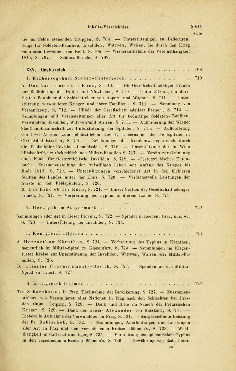 Seite die im Felde stehenden Truppen, S. 704. — Unterstützungen zu Badecuren, Sorge für Soldaten-Familien, Invaliden, Wittwen, Waisen, die durch den Krieg verarmten Bewohner von Kehl, S. 706. — Wiederaufnahme der Vereinsthätigkeit 1815, S. 707. — Schluss-Bericht, S. 708. XXV. Oesterreich . . t , 708 1. Erzherzogthum Nieder-Oesterr eich 710 A. Das Land unter der Enns, S. 710. — Die Gesellschaft adeliger Frauen zur Beförderung des Guten und Nützlichen, S. 710. — Unterstützung der dürf- tigsten Bewohner der Schlachtfelder von Aspern und Wagram. S. 711. — Unter- stützung verwundeter Krieger und ihrer Familien, S. 711. — Sammlung von Verbandzeug, S. 712. — Filiale der Gesellschaft adeliger Frauen, S. 713. — Sammlungen und Veranstaltungen aller Art für bedürftige Soldaten-Familien, Verwundete, Invaliden, Wittwen*und Waisen, S. 713. — Aufforderung der Wiener Stadthauptmannschaft zur Unterstützung der Spitäler, S. 715. — Aufforderung von Civil-Aerzten zum feldärztlichen Dienst, Uebernahme der Feldspitäler in Civil-Administration, S. 716. — Belohnungen des Krankenwartepersonals durch die Feldspitäler-Revisions-Commission, S. 716. — Unterstützung der in Wien hilfsbedürftig zurückgebliebenen Militär-Familien S. 717. — Verein zur Gründung eines Fonds für Oesterreichische Invaliden, S. 718. — »Oesterreichisches Ehren- buch« , Zusammenstellung der freiwilligen Gaben seit Anfang des Krieges bis Ende 1813, S. 719. — Unterstützungen verschiedener Art in den kleineren Städten des Landes unter der Enns, S. 720. — Verdienstvolle Leistungen der Aerzte in den Feldspitälern, S. 720. B. Das Land ob der Enns, S. 721. — Linzer Section der Gesellschaft adeliger Frauen, S. 721. — Verbreitung des Typhus in diesem Lande, S. 721. 2. Herzogthum Steyermark 722 Sammlungen aller Art in dieser Provinz, S. 722. — Spitäler in Leoben, Graz, u. s. w., S. 723. — Unterstützung der Invaliden, S. 724. 3. Königreich Illyrien 724 A. Herzogthum Kärnthen, S. 724. — Verbreitung des Typbus in Kärnthen, namentlich im Militär-Spital zu Klagenfurt, S. 724. — Sammlungen im Klagen- furter Kreise zur Unterstützung der Invaliden, Wittwen, Waisen, >der Militär-Fa- milien, S. 726. B. Triester Gouvernements-Bezirk, S. 727. — Spenden an das Militär- Spital zu Triest, S. 727. 4. Königreich Böhmen 727 Tod Scharnhorst's in Prag, Theilnahme der Bevölkerung, S. 727. — Zusammen- strömen von Verwundeten aller Nationen in Prag nach den Schlachten bei Dres- den, Culm, Leipzig, S. 728. — Dank und Bitte im Namen der Preussischen Krieger, S. 728. — Dank des Kaisers Alexander von Russland, S. 731. — Liebevolle Aufnahme der Verwundeten in Prag, S. 731. — Ausgezeichnete Leistung der Fr. Babischek, S. 732. — Sammlungen, Anerbietungen und Leistungen aller Art in Prag und den verschiedenen Kreisen Böhmen's , S. 733. — Wohl- thätigkeit in Carlsbad und Eger, S. 735. — Verbreitung des epidemischen Typhus in den verschiedenen Kreisen Böhmen's, S. 736. — Gewährung von Bade-Unter- **