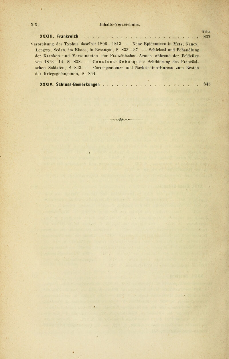 Seite XXXIII. Frankreich 832 Verbreitung des Typhus daselbst 1806—1813. — Neue Epidemieen in Metz, Nancy, Longwy, Sedan, im Elsass, in Besancon, S. 833—37. >— Schicksal und Behandlung der Kranken und Verwundeten der Französischen Armee während der Feldzüge von 1813—14, 8. 838. — Con stant- Rebecque's Schilderung des Französi- schen Soldaten, S. 8-13. — Correspondenz- und Nachrichten-Bureau zum Besten der Kriegsgefangenen, S. 844. XXXIV. Schluss-Bemerkungen 845