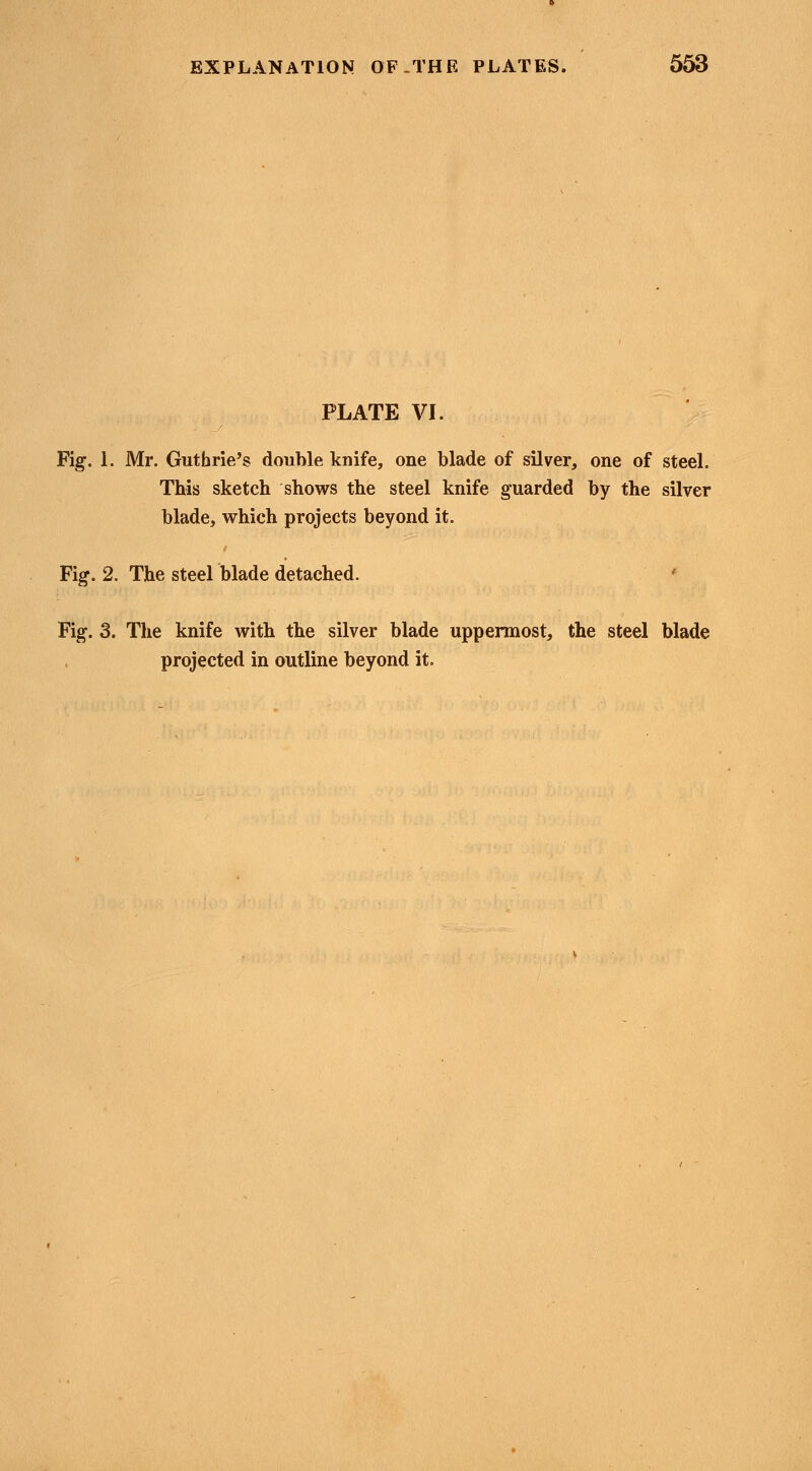 PLATE VI. Fig. 1. Mr. Guthrie's double knife, one blade of silver, one of steel. This sketch shows the steel knife guarded by the silver blade, which projects beyond it. Fig. 2. The steel blade detached. Fig. 3. The knife with the silver blade uppermost, the steel blade projected in outline beyond it.