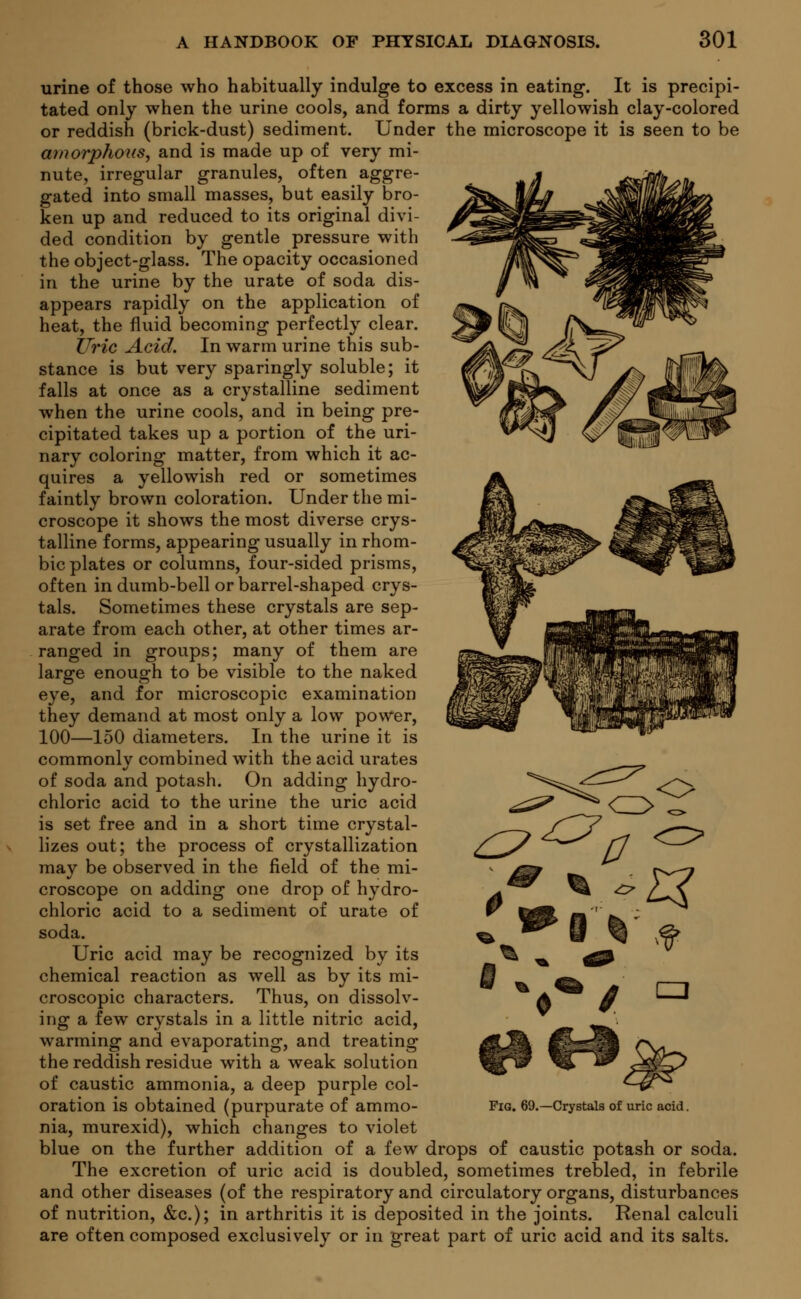 urine of those who habitually indulge to excess in eating. It is precipi- tated only when the urine cools, and forms a dirty yellowish clay-colored or reddish (brick-dust) sediment. Under the microscope it is seen to be amorphous, and is made up of very mi- nute, irregular granules, often aggre- gated into small masses, but easily bro- ken up and reduced to its original divi- ded condition by gentle pressure with the object-glass. The opacity occasioned in the urine by the urate of soda dis- appears rapidly on the application of heat, the fluid becoming perfectly clear. Uric Acid. In warm urine this sub- stance is but very sparingly soluble; it falls at once as a crystalline sediment when the urine cools, and in being pre- cipitated takes up a portion of the uri- nary coloring matter, from which it ac- quires a yellowish red or sometimes faintly brown coloration. Under the mi- croscope it shows the most diverse crys- talline forms, appearing usually in rhom- bic plates or columns, four-sided prisms, often in dumb-bell or barrel-shaped crys- tals. Sometimes these crystals are sep- arate from each other, at other times ar- ranged in groups; many of them are large enough to be visible to the naked eye, and for microscopic examination they demand at most only a low power, 100—150 diameters. In the urine it is commonlv combined with the acid urates of soda and potash. On adding hydro- chloric acid to the urine the uric acid is set free and in a short time crystal- lizes out; the process of crystallization may be observed in the field of the mi- croscope on adding one drop of hydro- chloric acid to a sediment of urate of soda. Uric acid may be recognized by its chemical reaction as well as by its mi- croscopic characters. Thus, on dissolv- ing a few crystals in a little nitric acid, warming and evaporating, and treating the reddish residue with a weak solution of caustic ammonia, a deep purple col- oration is obtained (purpurate of ammo- nia, murexid), which changes to violet blue on the further addition of a few drops of caustic potash or soda. The excretion of uric acid is doubled, sometimes trebled, in febrile and other diseases (of the respiratory and circulatory organs, disturbances of nutrition, &c); in arthritis it is deposited in the joints. Renal calculi are often composed exclusively or in great part of uric acid and its salts. Fig. 69.—Crystals of uric acid.