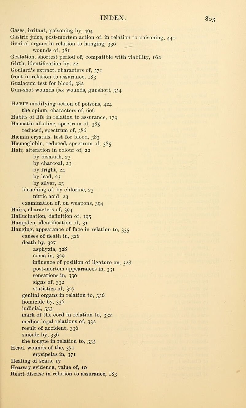 Gases, irritant, poisoning by, 494 Gastric juice, post-mortem action of, in relation to poisoning, 440 Genital organs in relation to hanging, 336 wounds of, 381 Gestation, shortest period of, compatible with viability, 162 Girth, identification by, 22 Goulard's extract, characters of, 571 Gout in relation to assurance, 183 Guaiacum test for blood, 382 Gun-shot wounds {see wounds, gunshot), 354 Habit modifying action of poisons, 424 the opium, characters of, 606 Habits of life in relation to assurance, 179 Hsematin alkaline, spectrum of, 385 reduced, spectrum of, 386 Hasmin crystals, test for blood, 383 Haemoglobin, reduced, spectrum of, 385 Hair, alteration in colour of, 22 by bismuth, 23 by charcoal, 23 by fright, 24 by lead, 23 by silver, 23 bleaching of, by chlorine, 23 nitric acid, 23 examination of, on weapons, 394 Hairs, characters of, 394 Hallucination, definition of, 195 Hampden, identification of, 31 Hanging, appearance of face in relation to, 335 causes of death in, 328 death by, 327 asphyxia, 328 coma in, 329 influence of position of ligature on, 328 post-mortem appearances in, 331 sensations in, 330 signs of, 332 statistics of, 327 genital organs in relation to, 336 homicide by, 336 judicial, 333 mark of the cord in relation to, 332 medico-legal relations of, 332 result of accident, 336 suicide by, 336 the tongue in relation to, 335 Head, wounds of the, 371 erysipelas in, 371 Healing of scars, 17 Hearsay evidence, value of, 10 Heart-disease in relation to assurance, 183