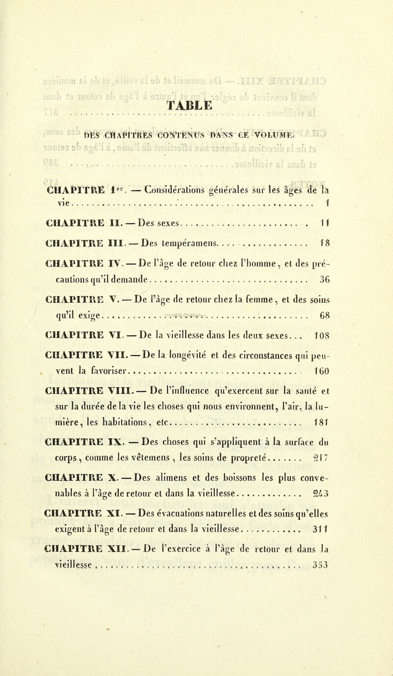 TABLE ^-' Î)ES CHAPITRES COiî^rEKtfS ÔAiSS CE VOLUME. CHAPITRE l^. —Consîdératîohs générales sur les âges de la vie  1 CHAPITRE II. —Des sexes . 11 CHAPITRE III. — Des lempéramens 18 CHAPITRE IV. — De l'âge de retour chez l'homme, et des pré- cautions qu'il demande 36 CHAPITRE V. — De l'âge de retour chez la femme, et des soins qu'il exige 68 CHAPITRE VI. — De la vieillesse dans les deux sexes. .. 108 CHAPITRE VII. — De la longévité et des circonstances qui peu- , vent la favoriser 160 CHAPITRE VIII.—De l'influence qu'exercent sur la santé et sur la durée delà vie les choses qui nous environnent, l'air, la lu- mière , les habitations, etc 181 CHAPITRE IX. — Des choses qui s'appliquent à la surface du corps, comme les vêtemens , les soins de propreté âl 7 CHAPITRE X.—Des alimens et des boissons les plus conve- nables à l'âge de retour et dans la vieillesse 9.L'6 CHAPITRE XI. — Des évacuations naturelles et des soins qu'elles exigent à l'âge de retour et dans la vieillesse 311 CHAPITRE XII. —De l'exercice à l'âge de retour et dans la vieillesse t 353