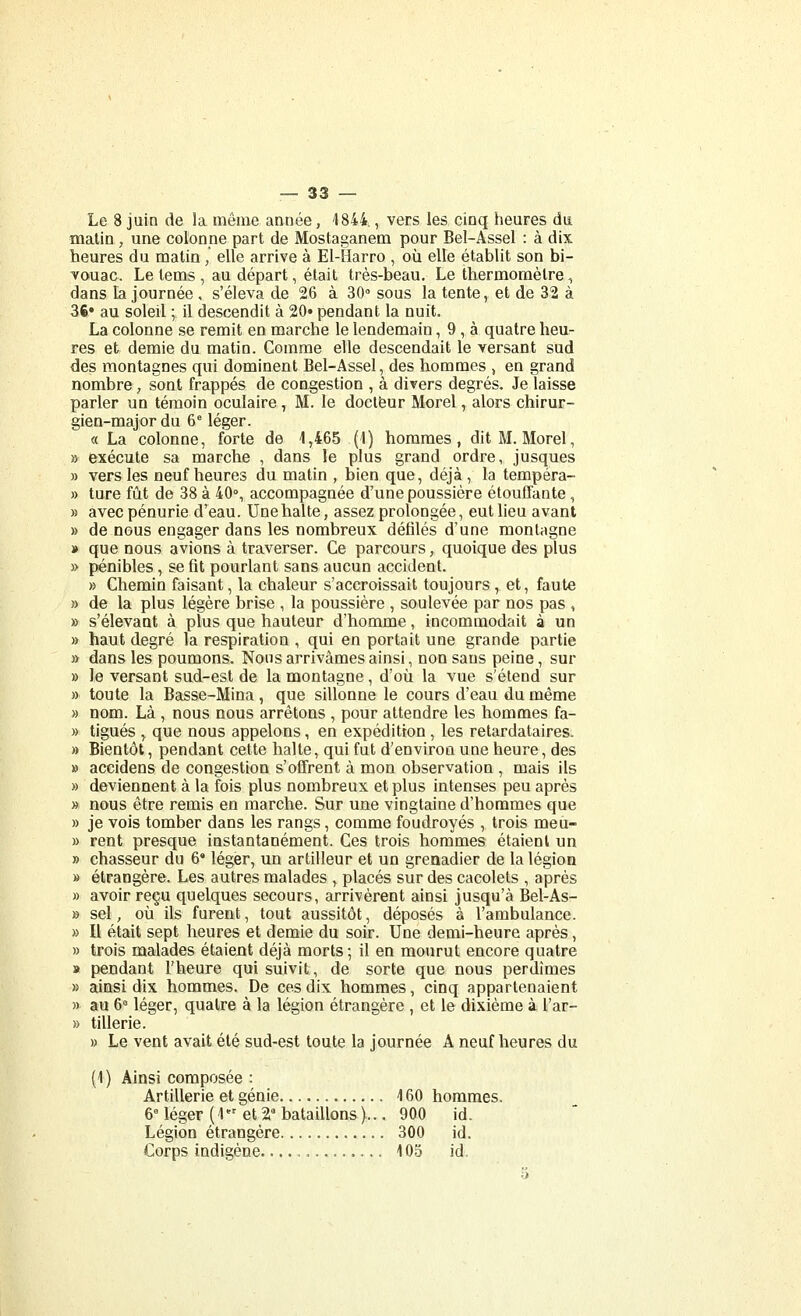 Le 8 juin de la même année, 4844., vers les cinq heures du matin , une colonne part de Mostaganem pour Bel-Assel : à dix heures du matin , elle arrive à El-Harro , où elle établit son bi- vouac. Le tems , au départ, était très-beau. Le thermomètre, dans la journée , s'éleva de 26 à 30° sous la tente, et de 32 à 36» au soleil ; il descendit à 20» pendant la nuit. La colonne se remit en marche le lendemain, 9, à quatre heu- res et demie du matin. Comme elle descendait le versant sud des montagnes qui dominent Bel-Assel, des hommes , en grand nombre, sont frappés de congestion , à divers degrés. Je laisse parler un témoin oculaire, M. le docteur Morel, alors chirur- gien-major du 6° léger. « La colonne, forte de 1,465 (1) hommes, dit M. Morel, » exécute sa marche , dans le plus grand ordre, jusques » vers les neuf heures du matin , bien que, déjà , la tempéra- » ture fût de 38 à 40°, accompagnée d'une poussière étouffante, » avec pénurie d'eau. Une halte, assez prolongée, eut lieu avant » de nous engager dans les nombreux défilés d'une montagne » que nous avions à traverser. Ce parcours, quoique des plus » pénibles, se fit pourtant sans aucun accident. » Chemin faisant, la chaleur s'accroissait toujours , et, faute » de la plus légère brise , la poussière , soulevée par nos pas , » s'élevant à plus que hauteur d'homme, incommodait à un » haut degré la respiration , qui en portait une grande partie » dans les poumons. Nous arrivâmes ainsi, non sans peine, sur » le versant sud-est de la montagne, d'où la vue s'étend sur » toute la Basse-Mina, que sillonne le cours d'eau du même » nom. Là , nous nous arrêtons , pour attendre les hommes fa- » tigués , que nous appelons, en expédition, les retardataires. » Bientôt, pendant cette halte, qui fut d'environ une heure, des » accidens de congestion s'offrent à mon observation , mais ils » deviennent à la fois plus nombreux et plus intenses peu après » nous être remis en marche. Sur une vingtaine d'hommes que » je vois tomber dans les rangs, comme foudroyés , trois meu- » rent presque instantanément. Ces trois hommes étaient un » chasseur du &* léger, un artilleur et un grenadier de la légion » étrangère. Les autres malades , placés sur des cacolets , après » avoir reçu quelques secours, arrivèrent ainsi jusqu'à Bel-As- » sel, où ils furent, tout aussitôt, déposés à l'ambulance. » Il était sept heures et demie du soir. Une demi-heure après, » trois malades étaient déjà morts-, il en mourut encore quatre » pendant l'heure qui suivit, de sorte que nous perdîmes » ainsi dix hommes. De ces dix hommes, cinq appartenaient » au 6° léger, quatre à la légion étrangère , et le dixième à l'ar- » tillerie. » Le vent avait été sud-est toute la journée A neuf heures du (1) Ainsi composée : Artillerie et génie 4 60 hommes. 6» léger (1 et 2 bataillons)... 900 id. Légion étrangère 300 id. Corps indigène 105 id.