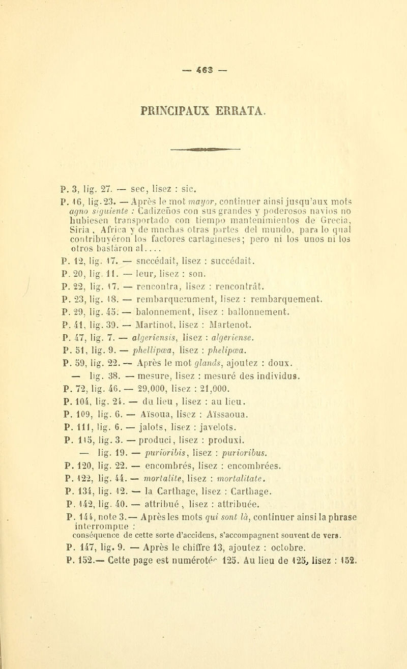 PRINCIPAUX ERRATA. p. 3, lig. 27. — sec, lisez : sic. P. 16; lig. 23. —Après \e moi. mayor, continuer ainsi jusqu'aux mots agno siguiente : Cadizeiïos con sus grandes y poderosos navios no hubiesen transportado con tienipo mantenimientos de Grecia, Siria , Africa y de mnchas otras p:irtes del mundo, para lo quai contribuyéron los factores cartagineses; pero ni los unos ni los otros basfâron al P. 12, lig. 17. — snccédait, lisez : succédait. P. 20, lig. 11. — leur, lisez : son. P. 22, lig. 17, — rencontra, lisez : rencontrât. P. 23, lig, 18. — rembarquernment, lisez : rembarquement, P. 29, lig. 45. — balonnement, lisez : ballonnement. P. 4î, lig. 39. — Martinot, lisez : Martenot. P. 47, lig. 7. — algeriensis, lisez : aJgeriense. P. 51, lig. 9. — phellipœa, lisez : phelipœa. P. 59, lig, 22, — Après le mot glands^ ajoutez : doux. — lig. 38. — mesure, lisez : mesuré des individus. P. 72, lig. 46. — 29,000, lisez : 21,000, P. 104, lig. 24. — du lieu , lisez : au lieu. P. 109, lig. 6. — Aïsoua, lisez : Aïssaoua. P, 111, lig. 6. — jalots, lisez : javelots. P. 115, lig. 3. — produci, lisez : produxi. — lig. 19. — puriorihis^ lisez : purioribus. P. 120, lig. 22, — encombrés, lisez : encombrées. P, 122, lig. 44.— mortalité, lisez : mortalltate. P, 134, lig. 12. — la Carthage, lisez : Carthage, P. 142, lig. 40. — attribué , lisez : attribuée. P. 144, note 3.— Après les mots qui sont là, continuer ainsi la phrase interrompue : conséquence de cette sorte d'accidens, s'accompagnent souvent de vers. P. 147, lig. 9, — Après le chiffre 13, ajoutez : octobre. P, 152.— Cette page est numéroté'- 125. Au lieu de 125, lisez : 152.