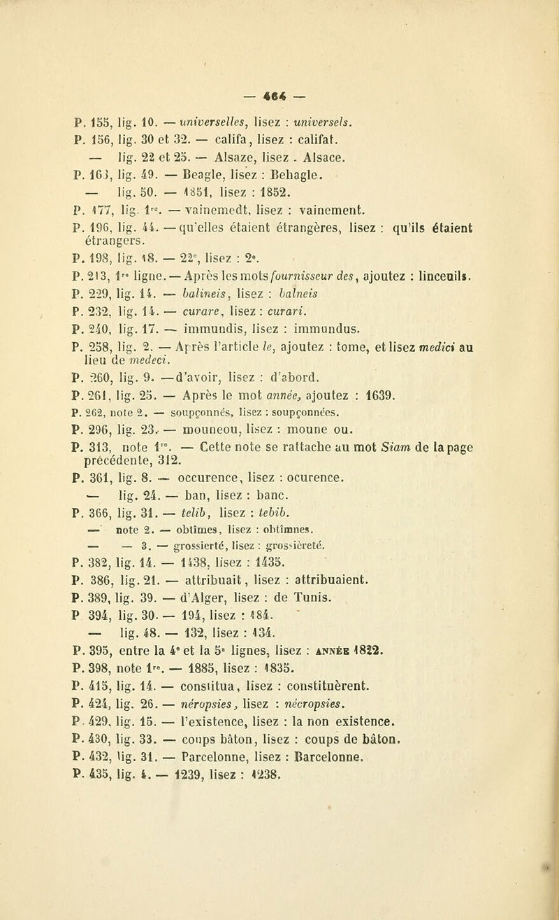 P. 155, lig. 10. — universelles, lisez : universels. P. 156, lig. 30 et 32. — califa, lisez : califat. — lig. 22 et 25. — Alsaze, lisez . Alsace. P. 16J, lig. 49. —Beagle, lisez : Behagle. — lig. 50. — 1S51, lisez : 1852. P. 177, lig. 1. —vainemedt, lisez : vainement. P. 196, lig. 44. —qu'elles étaient étrangères, lisez : qu'ils étaient étrangers. P. 198, lig. 18. — 22=, lisez : 2». P. 213, 1 ligne. —Après les mots/burnwseur des, ajoutez : linceuilf. P. 229, lig. 14. — balineis, lisez : balneis P. 232, lig. 14. — curare^ lisez : curari. P. 240, lig. 17. — immundis, lisez : immundus. P. 258, lig. 2. —Après l'article le, ajoutez : tome, et lisez medici au lieu de medeci. P. 260, lig. 9. —d'avoir, lisez : d'abord. P. 261, lig. 25. — Après le mot année, ajoutez : 1639. P. 262, note 2. — soupçonnés, lisez : soupçonnées. P. 296, lig. 23. — mouneou, lisez : moune ou. P. 313, note 1. — Cette note se rattache au mot Siam de la page précédente, 312. P. 361, lig. 8. — occurence, lisez : ocurence. — lig. 24. — ban, lisez : banc. P. 366, lig. 31. — telih, lisez : tehib. — note 2. — obtîmes, lisez : obtînmes. — — 3, — grossierté, lisez : grosùèreté. P. 382, lig. 14. — 1438, lisez : 1435. P. 386, lig. 21. — attribuait, lisez : attribuaient. P. 389, lig. 39. — d'Alger, lisez : de Tunis. P 394, lig. 30. — 194, lisez ! 184. — lig. 48. — 132, lisez : 134. P. 395, entre la k et la 5= lignes, lisez : année 1822. P. 398, note 1. — 1885, lisez : 1835. P. 415,1 P. 424, 1 P.429.1 P. 430, 1 P. 432,\ P. 435, 1 g. 14. — constitua, lisez : constituèrent. g. 26. — néropsies, lisez : nécropsies. g. 15. — l'existence, lisez : la non existence. g. 33. — coups bâton, lisez : coups de bâton, g. 31. — Parcelonne, lisez : Barceloone. g. 4, — 1239, lisez : 1238. 1