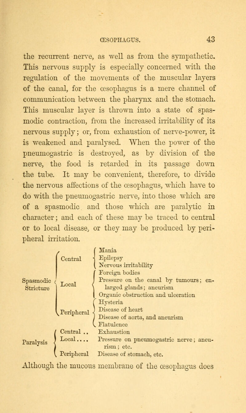 the recurrent nerve, as well as from the sympathetic. This nervous supply is especially concerned with the regulation of the movements of the muscular layers of the canal, for the oesophagus is a mere channel of communication between the pharynx and the stomach. This muscular layer is thrown into a state of spas- modic contraction, from the increased irritability of its nervous supply; or, from exhaustion of nerve-power, it is weakened and paralysed. WHien the power of the pneumogastric is destroyed, as by di^dsion of the nerve, the food is retarded in its passage down the tube. It may be convenient, therefore, to divide the nervous affections of the oesophagus, which have to do with the pneumogastric nerve, into those which are of a spasmodic, and those which are paralytic in character; and each of these may be traced to central or to local disease, or they may be produced by peri- pheral irritation. Mania Epilepsy Nerrous irritability Foreign bodies Pressure on tbe canal by tumours; en- larged glands; aneurism Organic obstruction and ulceration Hysteria Disease of heart Disease of aorta, and aneurism / Spasmodic Stricture Central Local y^ Peripheral Paralysis Flatulence Central ., Exhaustion Local.... Pressure on pneumogastric nerve ; aneu- rism ; etc. Disease of stomach, etc. Peripheral Although the mucous membrane of the oesophagus does