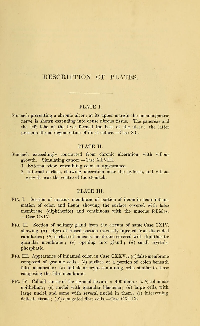 DESCRIPTION OE PLATES. PLATE I. Stomach presenting a chronic ulcer; at its upper margin the pneumogastric nerve is shown extending into dense fibrous tissue. The pancreas and the left lobe of the liver formed the base of the ulcer ; the latter presents fibroid degeneration of its structure.—Case XL. PLATE II. Stomach exceedingly contracted from chronic ulceration, with villous growth. Simulating cancer.—Case XLVIII. 1. External view, resembling colon in appearance. 2. Internal surface, showing ulceration near the pylorus, an*d villous growth near the centre of the stomach. PLATE III. Fig. I. Section of mucous membrane of portion of ileum in acute inflam- mation of colon and ileum, showing the surface covered with false membrane (diphtherite) and continuous with the mucous follicles. —Case CXIV. Fig. II. Section of solitary gland from the csecum of same Case CXIV. showing (a) edges of raised portion intensely injected from distended capillaries; {b) surface of mucous membrane covered with diphtheritic granular membrane ; (c) opening into gland ; (d) small crystals- phosphatic. Fig. III. Appearance of inflamed colon in Case CXXV.; (a) false membrane composed of granule cells; (b) surface of a portion of colon beneath false membrane ; (e) follicle or crypt containing cells similar to those composing the false membrane. Fig. IV. Colloid cancer of the sigmoid flexure x 400 diam.; (a b) columnar epithelium; (c) nuclei with granular blastema; (d) large cells, with large nuclei, and some with several nuclei in them; (e) intervening delicate tissue ; (/) elongated fibre cells.—Case CXLIX.