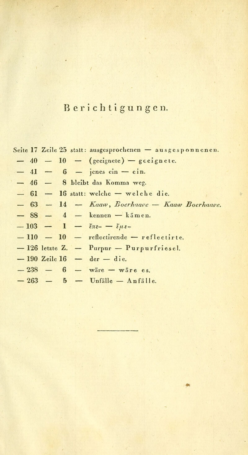 Berichtigungen. Seile 17 Zeile 25 statt: ausgesprochenen — ausgesponnenen. — 40 — 10 — (geeignete) — geeignete. — 41 — 6 — jenes ein — ein. — 46 — 8 bleibt das Komma weg. — 61 *— 16 statt: welche — welche die. — 63 — 14 — Kaaw, Boerhaave — Kaaw Boerhfuwe. — 88 — 4 — kennen — kämen. — 103 — 1 — fTre- — f^tf- — 110 — 10 — reflectirende — reflectirte. — 126 letzte Z. — Purpur — Purpurfriesel. — 190 Zeile 16 — der — die. — 238 — 6 — wäre •— wäre es, — 263 — 5 — Unfälle — Anfälle.