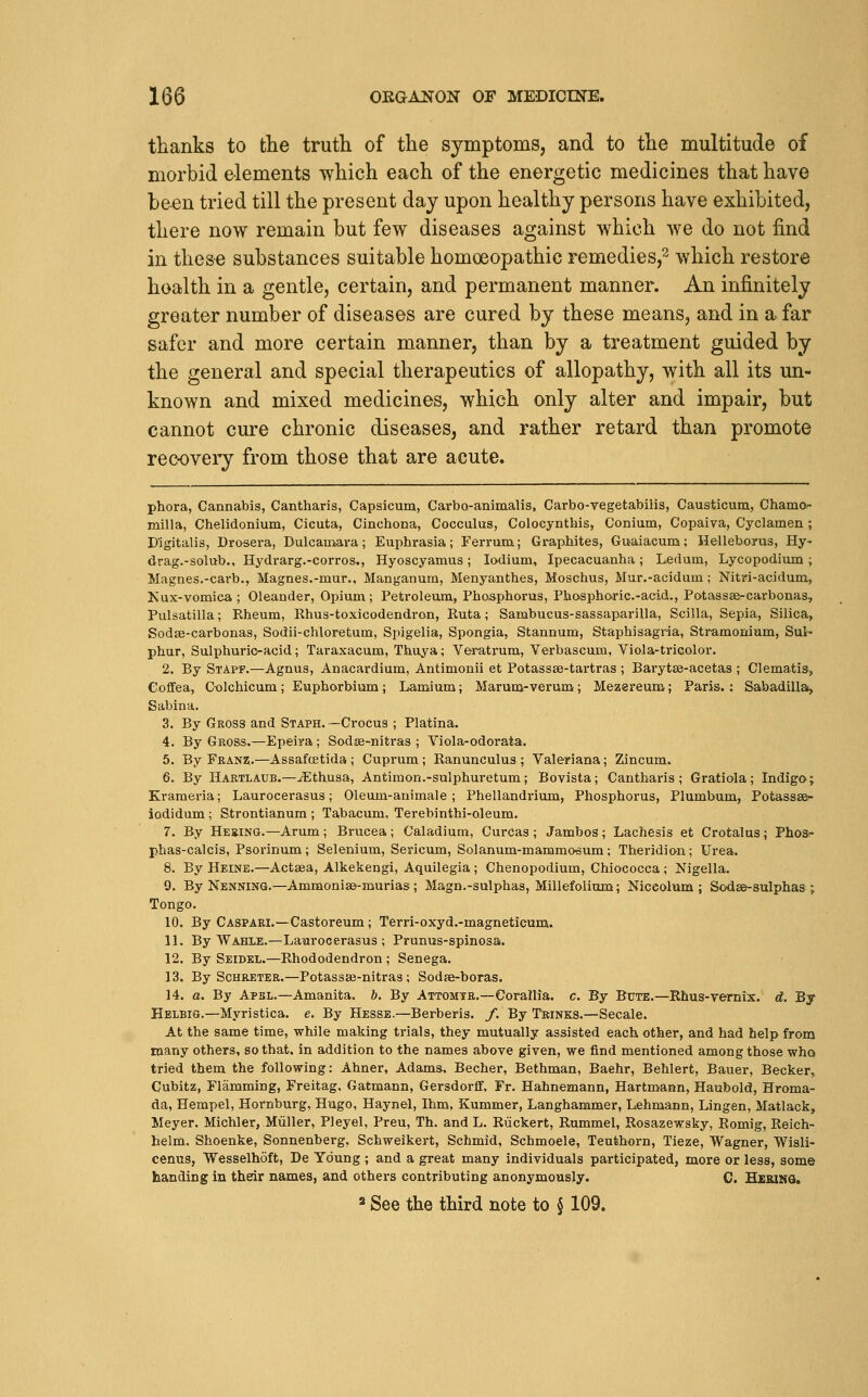 thanks to tlie truth of the symptoms, and to the multitude of morbid elements which each of the energetic medicines that have been tried till the present day upon healthy persons have exhibited, there now remain but few diseases against which we do not find in these substances suitable homoeopathic remedies,^ which restore health in a gentle, certain, and permanent manner. An infinitely greater number of diseases are cured by these means, and in a far safer and more certain manner, than by a treatment guided by the general and special therapeutics of allopathy, with all its un- known and mixed medicines, which only alter and impair, but cannot cure chronic diseases, and rather retard than promote recovery from those that are acute. phora, Cannabis, Cantharis, Capsicum, Carbo-animalis, Carbo-vegetabilis, Causticum, Chamor milla, Chelidonium, Cicuta, Cinchona, Cocculus, Colocynthis, Conium, Copaiva, Cyclamen ; Digitalis, Drosera, Dulcamara; Eui^hrasia; Ferrum; Graphites, Guaiacum; Helleborus, Hy- drag.-solub., Hydrarg.-corros., Hyoscyamus ; lodium. Ipecacuanha ; Ledum, Lycopodium ; Magnes.-carb., Magnes.-mur., Manganum, Menyanthes, Moschus, Mur.-acidum; Nitd-acidum, Kux-vomica ; Oleander, Opium; Petroleum, Phosphorus, Phosph&ric.-acid., Potasssercarbonas, Pulsatilla; Rheum, Rhus-toxicodendron, Ruta; Sambucus-sassaparilla, Scilla, Sepia, Silica, Sodse-carbonas, Sodii-chloretum, Spigelia, Spongia, Stannum, Staphisagria, Sti-amonium, Sul- phur, Sulphuric-acid; Taraxacum, Thuya; Vei^atrura, Yerbascum, Viola-tricolor. 2. By Staff.—Agnus, Anacardium, Antimonii et Potassse-tartras ; Barytee-acetas ; Clematis, Coffea, Colchicum; Euphorbium; Lamium; Marum-verum; Mezereum; Paris.: Sabadilla, Sabina. 3. By Gross and Staph. —Crocus ; Platina. 4. By Gross.—Epeira ; Sodse-niti-as ; Viola-odorata. 5. By Franz..—Assafcetida; Cuprum ; Ranunculus ; Valeriana; Zincum. 6. By Hartlaub.—jEthusa, Antimon.-sulphuretum; Bovista; Cantharis; Gratiola; Indigo; Kraraeria; Laurocerasus; Oleum-animale ; Phellandrium, Phosphorus, Plumbum, Potasssa- iodidum ; Strontianum ; Tabacum. Terebinthi-oleum. 7. By Hexing.—Arum ; Brucea ; Caladium, Curcas ; Jambos ; Lachesis et Crotalus; Phosr- phas-calcis, Psorinum; Selenium, Sericum, Solanum-mammo^um; Theridion; Urea. 8. By Heine.—Actsea, Alkekengi, Aquilegia ; Chenopodium, Chiococca ; Nigella. 9. By Nenning.—Ammonise-murias ; Magn.-sulphas, Millefolium; Niceolum ; Sodas-sulphas; Tongo. 10. By Caspari.—Castoreum; Terri-oxyd.-magneticum. 11. By Wahle.—Laurocerasus; Prunus-spinosa. 12. By Seibkl.—Rhododendron ; Senega. 13. By ScHRETER.—Potassse-nitras; Sodaa-boras. 14. a. By Aphl.—Amanita, b. By Attomtr.—Corallia. c. By Bute.—Rhus-vernix. d. By Helbig.—Myristica. e. By Hesse.—Berberis. f. By Thinks.—Secale. At the same time, while making trials, they mutually assisted each other, and had help from many others, so that, in addition to the names above given, we find mentioned among those who tried them the following: Ahner, Adams, Becher, Bethman, Baehr, Behlert, Bauer, Becker, Cubitz, Flamming, Freitag. Gatmann, Gersdorff. Fr. Hahnemann, Hartmann, Haubold, Hroma- da, Hempel, Hornburg, Hugo, Haynel, Ihm, Kummer, Langhammer, Lehmann, Lingen, Matlack, Meyer. Michler, Miiller, Pleyel, Preu, Th. and L. Riickert, Rummel, Rosazewsky, Romig, Reich- helm, Shoenke, Sonnenberg, Schweikert, Schmid, Schmoele, Teufehorn, Tieze, Wagner, Wisli- cenus, Wesselhoft, De Young ; and a great many individuals participated, more or less, some handing in their names, and others contributing anonymously. C. Hebikq. 2 See the third note to § 109.