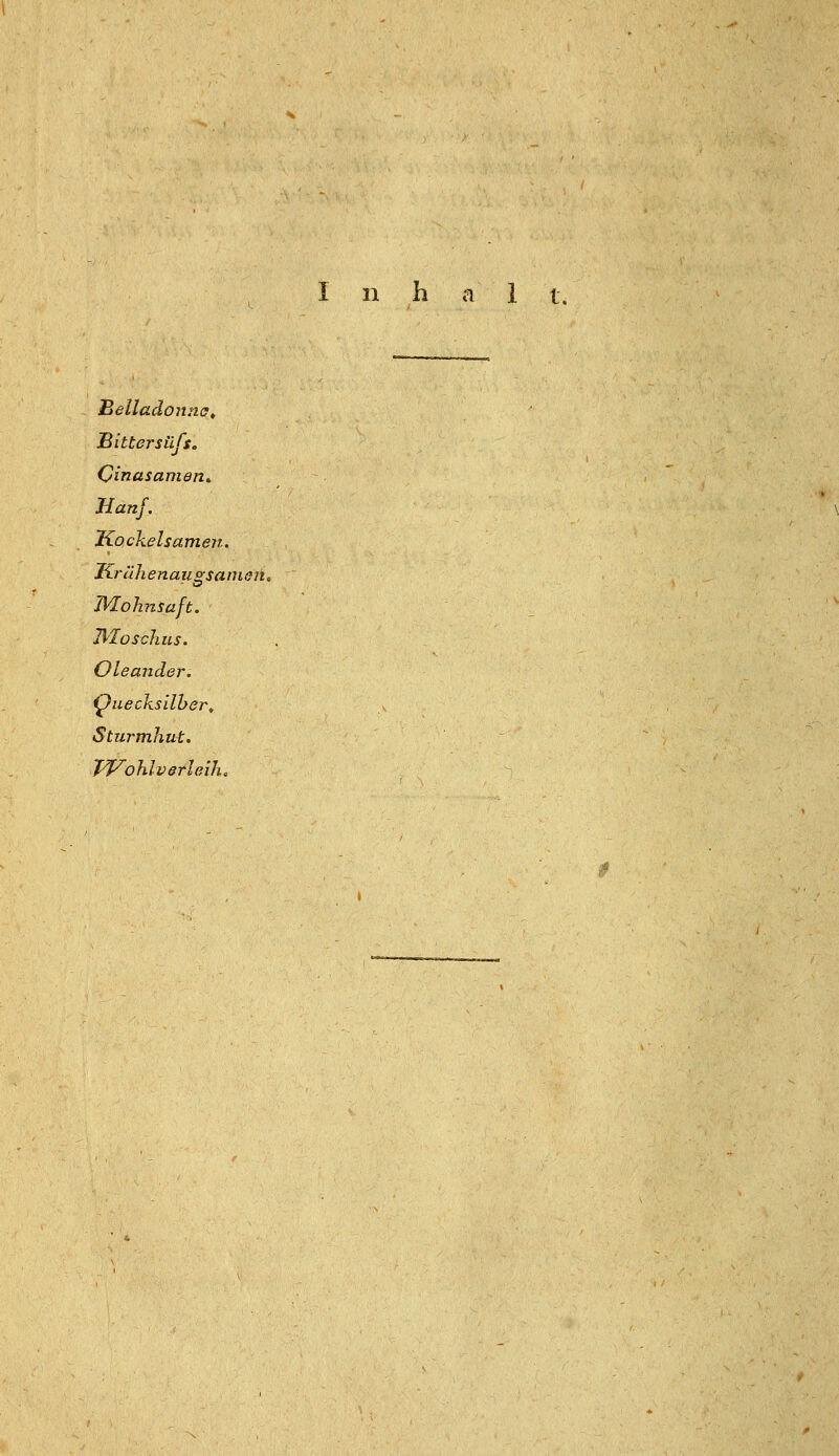 n Belladonna, Bittersüfs, Cinasamen^ Hanf. Kochelsamen. Kr'ähenaus^saiUßii, TVlohnsaft. JVIoscJius. Oleander. Quecksilber, Sturmhut. Pf^ohlverleih,