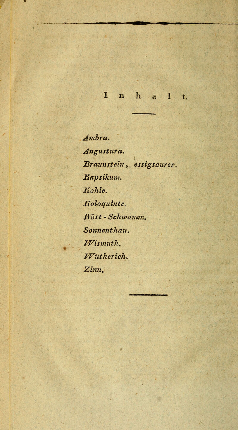 I n h Ambra. Angustura. JBraunstein, essigsaurer» JKapsikiim, Kohle, Koloquinte, Most - Schwamm. Sonncntkau, Jf^ismuth. If^üthcrich.