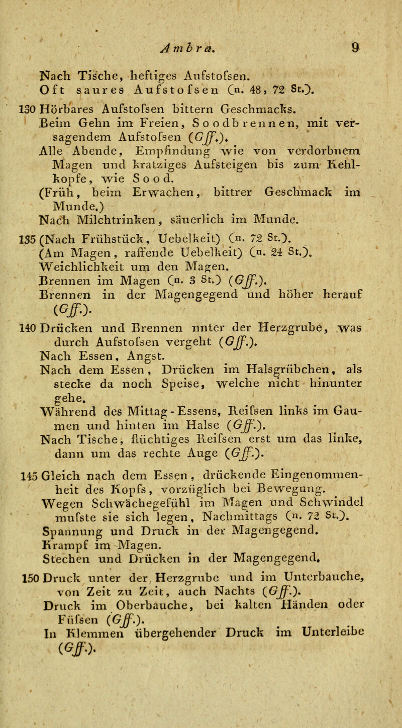 Ambra, 9^ Nach Tische, heftiges Aufstofsen. Oft saures Aufstofseu C«- 48, 72 StO. ISO Hörbares Aufstofsen bittern Geschmacl?s. Beim Gehn im Freien, S o o db r enn en, mit ver- sagendem Aufstofsen (G^»)» Alle Abende, Empfindung wie von verdorbnem Magen und kratziges Aufsteigen bis zum Kehl- kopfe , ^vie S o o d. (Früh, beim Erwachen, bittrer Geschmack im Munde.) Nach Milchtrinken, säuerlich im Munde. 1S5 (Nach Frühstück, Uebelkeit) C«. 72 StO. (Am Magen, raffende Uebelkeit) C. 24 St.). Weichlichkeit um den Ma^en. Brennen im Magen C' 3 St.) (Gff.), Brennen in der Magengegend und höher herauf 140 Drücken und Brennen nnter der Herzgrube, was durch Aufstofsen vergeht (GJf.), Nach Essen, Angst. Nach dem Essen, Drücken im Halsgrübchen, als stecke da noch Speise, welche nicht hinunter gehe. Während des Mittag-Essens, ReiCsen links im Gau- men und hinten im Halse {GJfS)» Nach Tische, flüchtiges Reifsen erst um das linke, dann um das rechte Auge (ö/T.)* 145 Gleich nach dem Essen , drückende Eingenommen- heit des Kopfs, vorzüglich bei Bewegung. Wegen Schwächegefühl im Magen und Schwindel mufste sie sich legen, Nachmittags (♦ 72 St.). Spannung und Druck in der Magengegend» Krampf im Magen. Stechen und Drücken in der Magengegend» 150 Druck unter der, Herzgrube und im Unterbauche, von Zeit zu Zeit, auch Nachts {Gff.). Druck im Oberbauche, bei kalten Händen oder Füfsen (Gff.). In Klemmen übergehender Druck im Untcrleibe