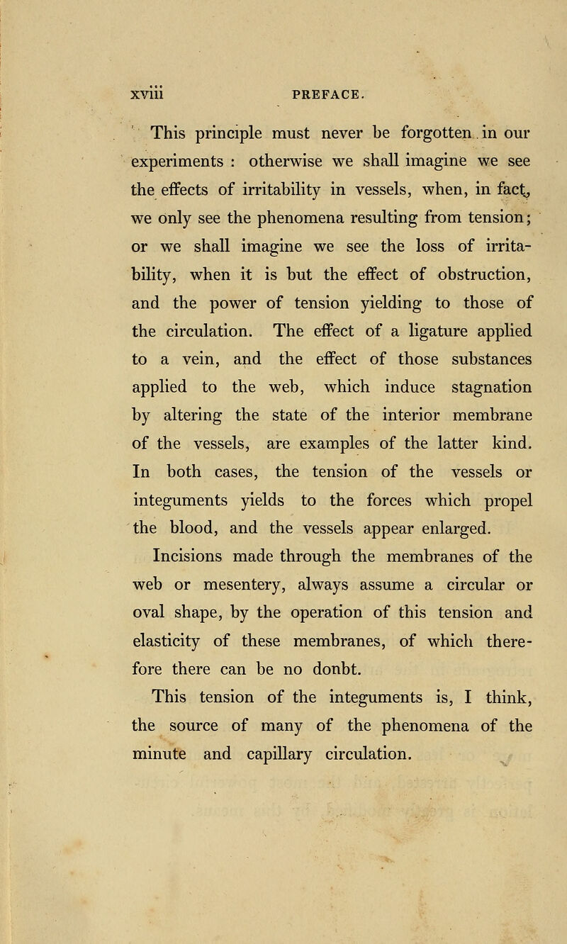 This principle must never be forgotten, in our experiments : otherwise we shall imagine we see the effects of irritability in vessels, when, in fact^ we Only see the phenomena resulting from tension; or we shall imagine we see the loss of irrita- bility, when it is but the effect of obstruction, and the power of tension yielding to those of the circulation. The effect of a ligature applied to a vein, and the effect of those substances applied to the web, which induce stagnation by altering the state of the interior membrane of the vessels, are examples of the latter kind. In both cases, the tension of the vessels or integuments yields to the forces which propel the blood, and the vessels appear enlarged. Incisions made through the membranes of the web or mesentery, always assume a circular or oval shape, by the operation of this tension and elasticity of these membranes, of which there- fore there can be no donbt. This tension of the integuments is, I think, the source of many of the phenomena of the minute and capillary circulation.