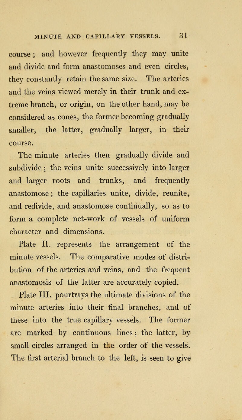 course; and however frequently they may unite and divide and form anastomoses and even circles, they constantly retain the same size. The arteries and the veins viewed merely in their trunk and ex- treme branch, or origin, on the other hand, may be considered as cones, the former becoming gradually smaller, the latter, gradually larger, in their course. The minute arteries then gradually divide and subdivide; the veins unite successively into larger and larger roots and trunks, and frequently anastomose; the capillaries unite, divide, reunite, and redivide, and anastomose continually, so as to form a complete net-work of vessels of uniform character and dimensions. Plate II. represents the arrangement of the minute vessels. The comparative modes of distri- bution of the arteries and veins, and the frequent anastomosis of the latter are accurately copied. Plate III. pourtrays the ultimate divisions of the minute arteries into their final branches, and of these into the true capillary vessels. The former are marked by continuous lines; the latter, by small circles arranged in the order of the vessels. The first arterial branch to the left, is seen to give