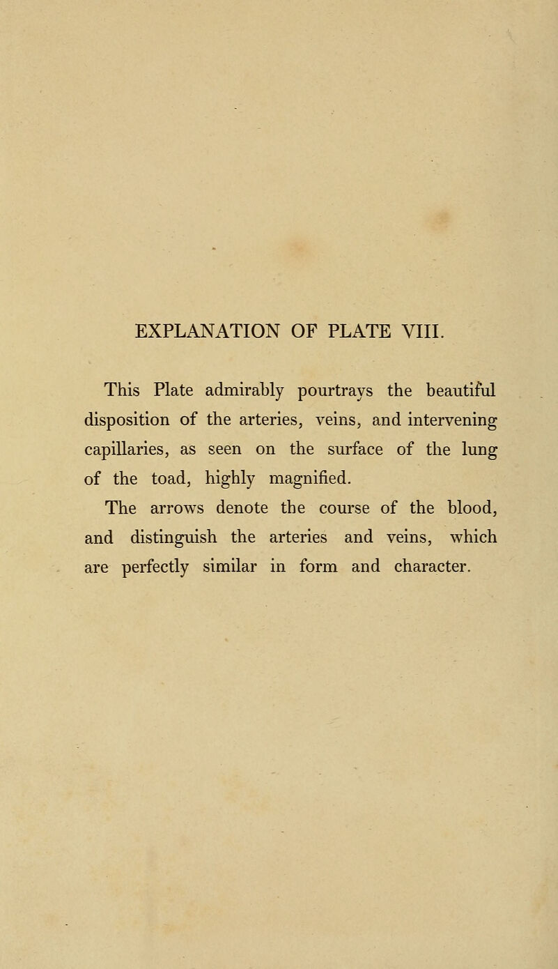 This Plate admirably pourtrays the beautiful disposition of the arteries, veins, and intervening capillaries, as seen on the surface of the lung of the toad, highly magnified. The arrows denote the course of the blood, and distinguish the arteries and veins, which are perfectly similar in form and character.