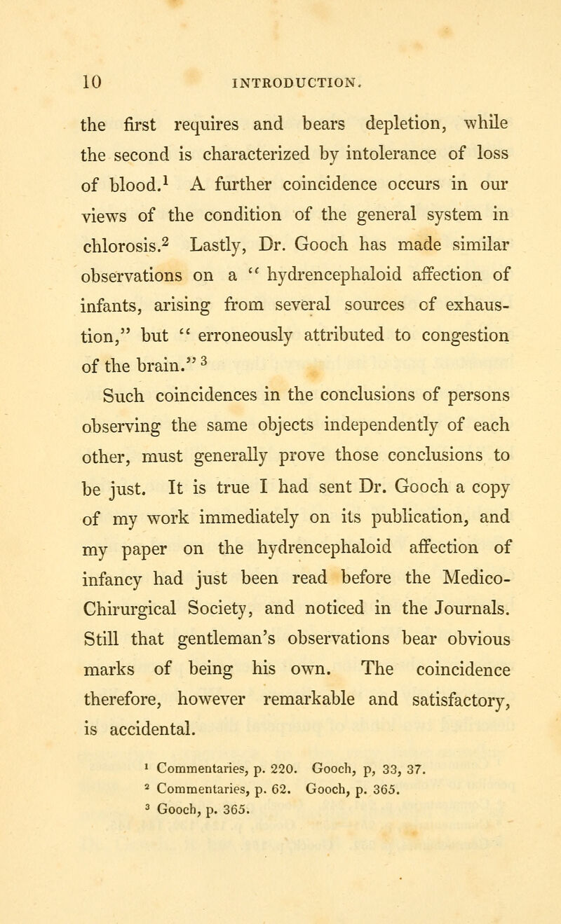 the first requires and bears depletion, while the second is characterized by intolerance of loss of blood.1 A further coincidence occurs in our views of the condition of the general system in chlorosis.2 Lastly, Dr. Gooch has made similar observations on a l( hydrencephaloid affection of infants, arising from several sources of exhaus- tion, but  erroneously attributed to congestion of the brain. 3 Such coincidences in the conclusions of persons observing the same objects independently of each other, must generally prove those conclusions to be just. It is true I had sent Dr. Gooch a copy of my work immediately on its publication, and my paper on the hydrencephaloid affection of infancy had just been read before the Medico- Chirurgical Society, and noticed in the Journals. Still that gentleman's observations bear obvious marks of being his own. The coincidence therefore, however remarkable and satisfactory, is accidental. 1 Commentaries, p. 220. Gooch, p, 33, 37. 2 Commentaries, p. 62. Gooch, p. 365. 3 Gooch, p. 365.