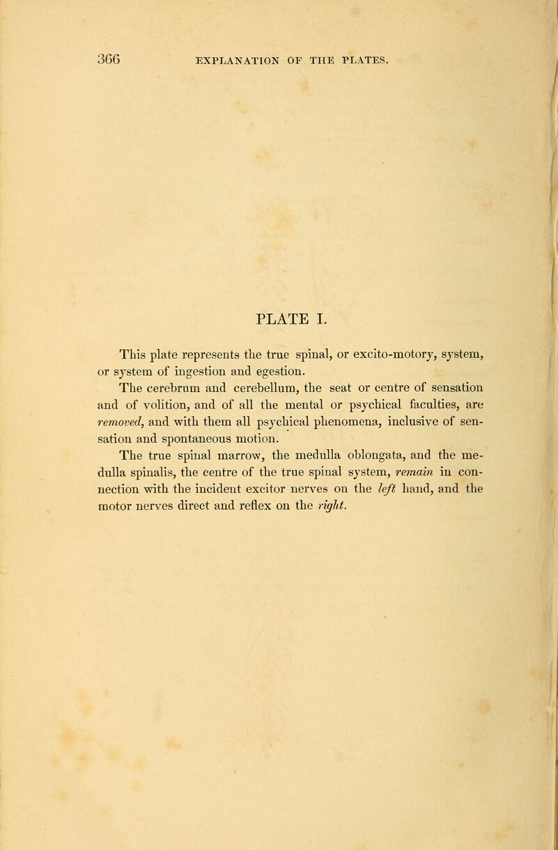 PLATE I. This plate represents tlie true spinal, or excito-motory, system, or system of ingestion and egestion. The cerebrum and cerebellum, the seat or centre of sensation and of volition, and of all the mental or psychical faculties, are removed, and with them all psychical phenomena, inclusive of sen- sation and spontaneous motion. The true spinal marrow, the medulla oblongata, and the me- dulla spinalis, the centre of the true spinal system, remain in con- nection with the incident excitor nerves on the left hand, and the motor nerves direct and reflex on the right.