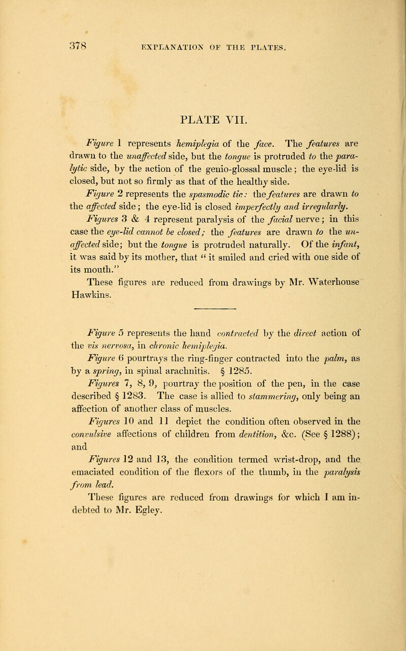 PLATE VII. Figure 1 represents hemiplegia of the face. The features are drawn to the xmaffected side, but the tongue is protruded to the para- lytic side, by the action of the genio-glossal muscle ; the eye-lid is closed, but not so firmly as that of the healthy side. Figure 2 represents the spasmodic tic: the features are drawn to the affected side; the eye-lid is closed imperfectly and irregularly. Figures 3 & 4 represent paralysis of the facial nerve; in this case the eye-lid cannot be closed; the features are drawn to the un- affected siAe; but the tongue is protruded naturally. Of the infant^ it was said by its mother, that  it smiled and cried with one side of its mouth. These figures are reduced from drawings by Mr. Waterhouse Hawkins. Figure 5 represents the hand contracted by the direct action of the vis nervosa, in chronic hemiplegia. Figure 6 pourtrays the ring-finger contracted into the palm, as by a spring, in spinal arachnitis. § 1285. Figures 7, 8, 9, pourtray the position of the pen, in the case described § 1283. The case is allied to stammering, only being an affection of another class of muscles. Figures 10 and 11 depict the condition often observed in the convulsive affections of children from dentition, &c. (See § 1288); and Figures 12 and 13, the condition termed wrist-drop, and the emaciated condition of the flexors of the thumb, in the paralysis from lead. These figures are reduced from drawings for which I am in- debted to Mr. Egley.