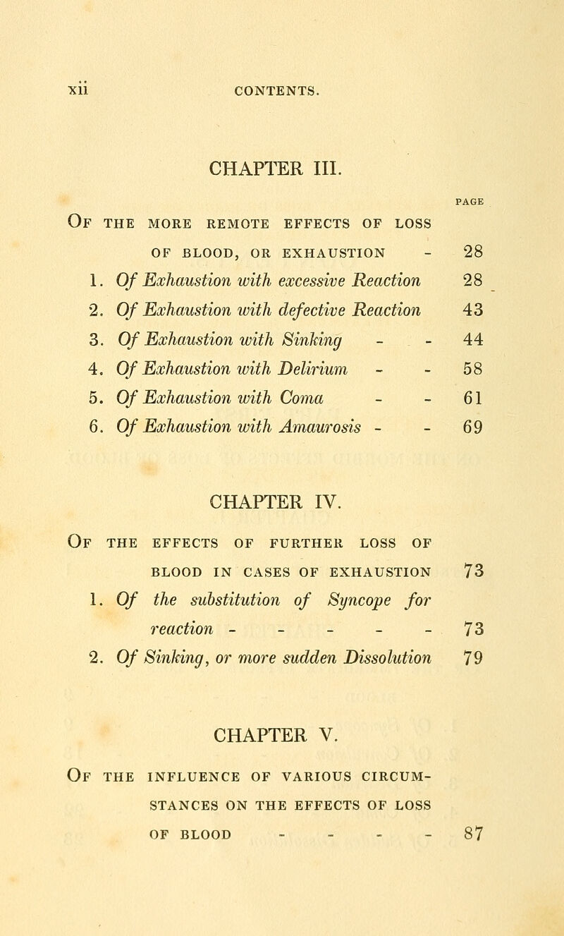 CHAPTER III. PAGE Of the more remote effects of loss of blood, or exhaustion - 28 1. Of Exhaustion with excessive Reaction 28 2. Of Exhaustion with defective Reaction 43 3. Of Exhaustion with Sinking - - 44 4. Of Exhaustion with Delirium - - 58 5. Of Exhaustion with Coma - ~ 61 6. Of Exhaustion with Amaurosis - - 69 CHAPTER IV. Of the effects of further loss of BLOOD IN cases OF EXHAUSTION 73 1. Of the substitution of Syncope for reaction - - - - - 73 2. Of Sinking, or more sudden Dissolution 79 CHAPTER V. Of the INFLUENCE OF VARIOUS CIRCUM- STANCES ON THE EFFECTS OF LOSS OF BLOOD - - - - 87