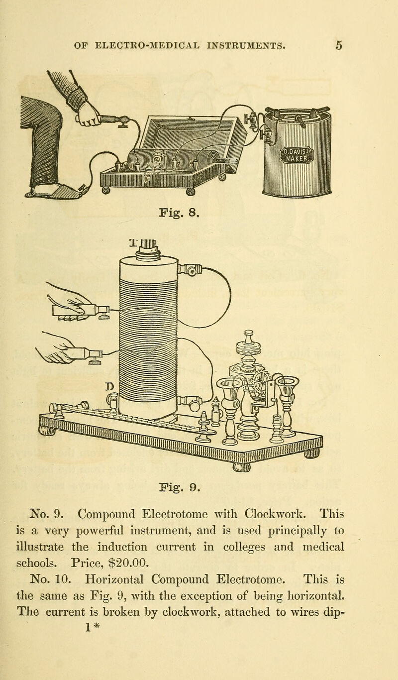 Fig. 8. Pig. 9. No. 9. Compound Electrotome with Clockwork. This is a very powerful instrument, and is used principally to illustrate the induction current in colleges and medical schools. Price, $20.00. No. 10. Horizontal Compound Electrotome. This is the same as Fig. 9, with the exception of being horizontal. The current is broken by clockwork, attached to wires dip- 1*