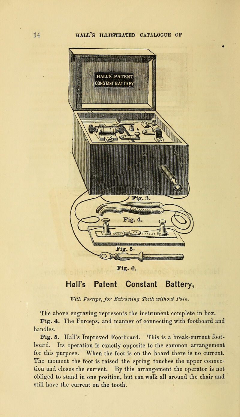 Pig. 6. Hall's Patent Constant Battery, With Forceps, for Extracting Teeth without Pain. The above engraving represents the instrument complete in box. Fig. 4. The Forceps, and manner of connecting with footboard and handles. Fig. 5. Hall's Improved Footboard. This is a break-current foot- board. Its operation is exactly opposite to the common arrangement for this purpose. When the foot is on the board there is no current. The moment the foot is raised the spring touches the upper connec- tion and closes the current. By this arrangement the operator is not obliged to stand in one position, but can walk all around the chair and still have the current on the tooth.
