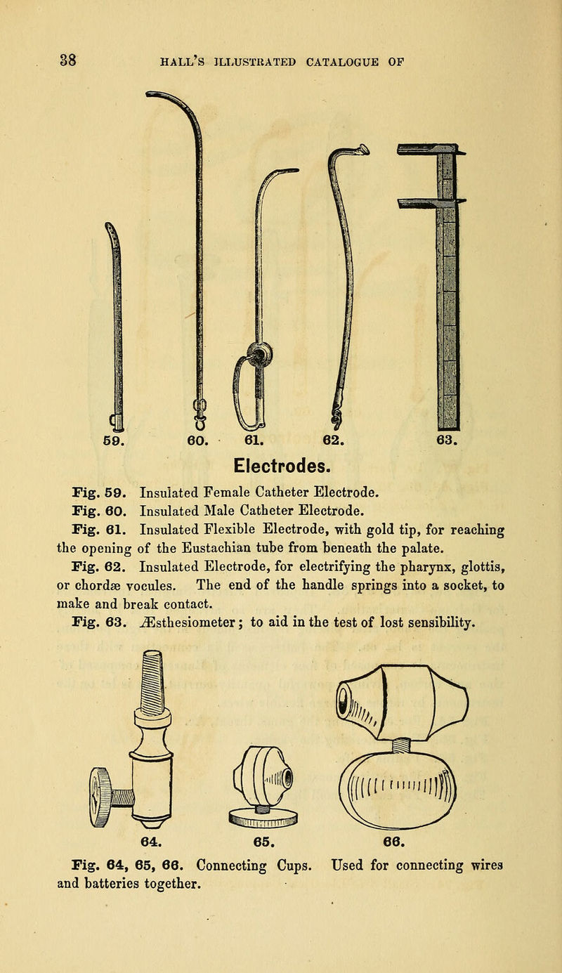 L 59. 60. 61. 62. Electrodes. LLi 63 Fig. 59. Insulated Female Catheter Electrode. Fig. 60. Insulated Male Catheter Electrode. Fig. 61. Insulated Flexible Electrode, with gold tip, for reaching the opening of the Eustachian tube from beneath the palate. Fig. 62. Insulated Electrode, for electrifying the pharynx, glottis, or chordae vocules. The end of the handle springs into a socket, to make and break contact. Fig. 63. iEsthesiometer; to aid in the test of lost sensibility. 64. Fig. 64, 65, 66. Connecting Cups, and batteries together. Used for connecting wires