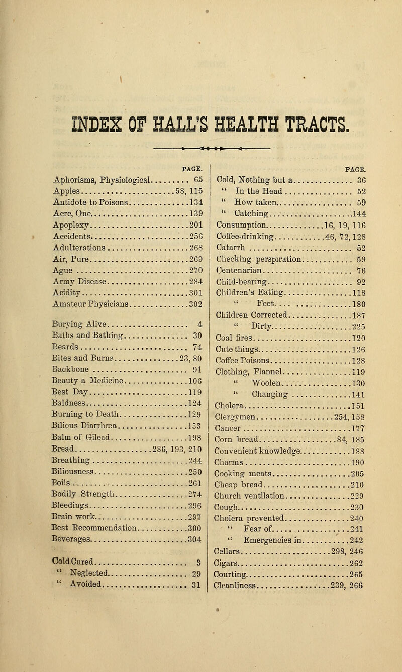 PAGE. Aphorisms, Physiological 65 Apples 58, 115 Antidote to Poisons 134 Acre, One 139 Apoplexy 201 Accidents < 256 Adulterations 268 Air, Pure 269 Ague '. 270 Army Disease 284 Acidity 301 Amateur Physicians 302 Burying Alive 4 Baths and Bathing 30 Beards 74 Bites and Burns 23, 80 Backbone 91 Beauty a Medicine 106 Best Day 119 Baldness 124 Burning to Death 129 Bilious Diarrhoea 153 Balm of Gilead 198 Bread 286, 193, 210 Breathing 244 Biliousness 250 Boils 261 Bodily Strength 274 Bleedings 296 Brain work 29,7 Best Eecommendation 300 Beverages 304 Cold Cured 3  Neglected 29  Avoided 31 PAGE. Cold, Nothing but a 36  In the Head 52  How taken 59  Catching... 144 Consumption 16, 19, 116 Coffee-drinking 46, 72,128 Catarrh 52 Checking perspiration 59 Centenarian 76 Child-bearing 92 Children's Eating 118  Feet 180 Children Corrected 187  Dirty 225 Coal fires 120 Cute things 126 Coffee Poisons 128 Clothing, Flannel 119  Woolen 130 Changing 141 Cholera 151 Clergymen 254,158 Cancer 177 Corn bread 84, 185 Convenient knowledge 188 Charms 190 Cooking meats 205 Cheap bread 210 Church ventilation 229 Cough 230 Cholera prevented 240  Fear of 241 •' Emergencies in 242 Cellars 298, 246 Cigars 262 Courting 265 Cleanliness .239, 266