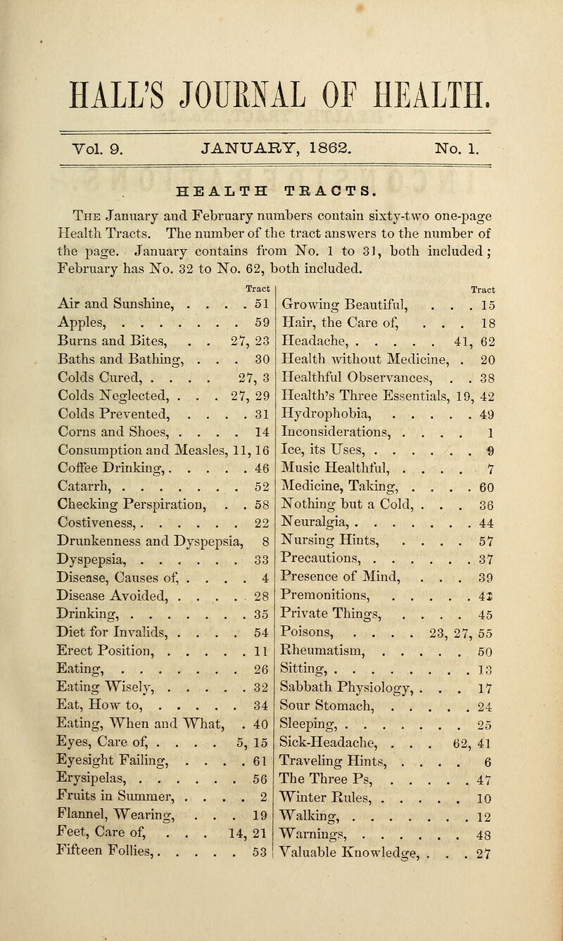 HALL'S JOURNAL OF HEALTH. Vol. 9. JANUARY, 1862. No. 1. HEALTH TBACTS. The January and February numbers contain sixty-two one-page Health Tracts. The number of the tract answers to the number of the page. January contains from No. 1 to 31, both included ; February has No. 32 to No. 62, both included. Tract Air and Sunshine, . . . .51 Apples, . . . .■ . . . 59 Burns and Bites, . . 27, 23 Baths and Bathing, ... 30 Colds Cured, .... 27, 3 Colds Neglected, . . . 27, 29 Colds Prevented, . . . .31 Corns and Shoes, .... 14 Consumption and Measles, 11,16 Coffee Drinking, 46 Catarrh, 52 Checking Perspiration, . .58 Costiveness, 22 Drunkenness and Dyspepsia, 8 Dyspepsia, 33 Disease, Causes of, .... 4 Disease Avoided, . . . .28 Drinking, 35 Diet for Invalids, . . . . 54 Erect Position, 11 Eating, 26 Eating Wisely, 32 Eat, How to, 34 Eating, When and What, . 40 Eyes, Care of, ... . 5, 15 Eyesight Failing, . . . .61 Erysipelas, 56 Fruits in Summer, .... 2 Flannel, Wearing, ... 19 Feet, Care of, ... 14, 21 Tract . 15 18 62 20 38 Growing Beautiful, . . . Hair, the Care of, . . . Headache, 41, Health without Medicine, . Healthful Observances, . . Health's Three Essentials, 19, 42 49 1 9 7 . 60 36 . 44 57 . 37 39 . 4X 45 7, 55 50 . 13 17 . 24 25 62, 41 Hydrophobia, . . Inconsiderations, . Ice, its Uses, . . . Music Healthful, . Medicine, Taking, . Nothing but a Cold, Neuralgia, . . . . Nursing Hints, Precautions, . . . Presence of Mind, Premonitions, . . Private Things, Poisons, . . . . Rheumatism, . . Sitting, Sabbath Physiology, Sour Stomach, . . Sleeping, .... Sick-Headache, . . Traveling Hints, . The Three Ps, . . Whiter Rules, . . Walking, Warnings, . 23, 47 10 12 48