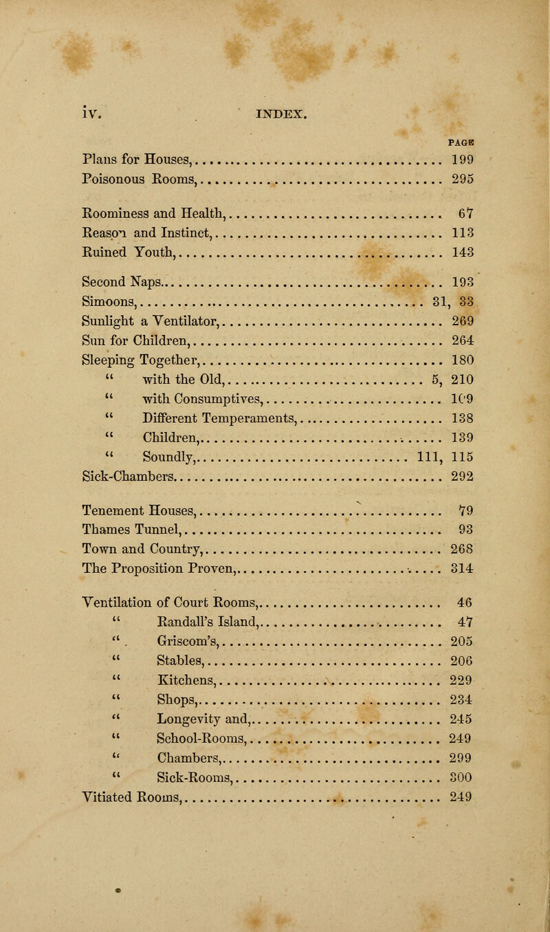 PAGE Plans for Houses, 199 Poisonous Rooms, 295 Roominess and Health, 67 Reason and Instinct, 113 Ruined Youth, 143 Second Naps 193 Simoons, 31, 33 Sunlight a Ventilator, 269 Sun for Children, 264 Sleeping Together, 180  with the Old, 5, 210  with Consumptives, 109  Different Temperaments, 138  Children, •. 139  Soundly, Ill, 115 Sick-Chambers 292 Tenement Houses, 79 Thames Tunnel, 93 Town and Country, 268 The Proposition Proven, 314 Ventilation of Court Rooms, 46  Randall's Island, 47  . Griscom's, 205  Stables, 206  Kitchens, 229  Shops, 234  Longevity and, 245 u School-Rooms, 249  Chambers, 299 11 Sick-Rooms, 300 Vitiated Rooms 249