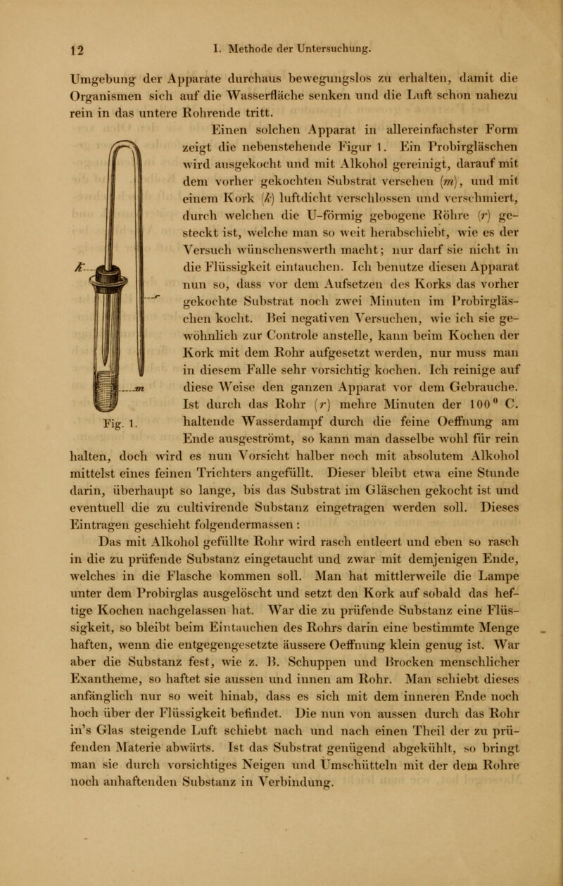 Umgebung der Apparate durchaus bewegungslos zu erhalten, damit die Org-anismen sich auf die Wassei-fläche senken und die Luft schon nahezu rein in das untere Rohrende tritt. Einen solchen Apparat in allereinfachster Form zeigt die nebenstehende Figur 1. Ein Probirgläschen wird ausgekocht und mit Alkohol gereinigt, darauf mit dem vorher gekochten Substrat versehen [m), und mit einem Kork (X) luftdicht verschlossen und verschmiert, durch welchen die U-förmig gebogene Röhre (r) ge- steckt ist, welche man so weit herabschiebt, wie es der Versuch wünschenswerth macht; nur darf sie nicht in die Flüssigkeit eintauchen. Ich benutze diesen Apparat nun so, dass vor dem Aufsetzen des Korks das vorher gekochte Substrat noch zwei Minuten im Probirgläs- chen kocht. Bei negativen Versuchen, wie ich sie ge- wöhnlich zur Controle anstelle, kann beim Kochen der Kork mit dem Rohr aufgesetzt werden, nur muss man in diesem Falle sehr vorsichtig kochen. Ich reinige auf diese Weise den ganzen Apparat vor dem Gebrauche. Ist durch das Rohr (r) mehre Minuten der 100^ C. haltende Wasserdampf durch die feine Oeffnung am Ende ausgeströmt, so kann man dasselbe wohl für rein halten, doch wird es nun Vorsicht halber noch mit absolutem Alkohol mittelst eines feinen Trichters angefüllt. Dieser bleibt etwa eine Stunde darin, überhaupt so lange, bis das Substrat im Gläschen gekocht ist und eventuell die zu cultivirende Substanz eingetragen werden soll. Dieses Eintragen geschieht folgendermassen: Das mit Alkohol gefüllte Rohr wird rasch entleert und eben so rasch in die zu prüfende Substanz eingetaucht und zwar mit demjenigen Ende, welches in die Flasche kommen soll. Man hat mittlerweile die Lampe unter dem Probirglas ausgelöscht und setzt den Kork auf sobald das hef- tige Kochen nachgelassen hat. War die zu prüfende Substanz eine Flüs- sigkeit, so bleibt beim Eintauchen des Rohrs darin eine bestimmte Menge haften, wenn die entgegengesetzte äussere Oeffnung klein genug ist. War aber die Substanz fest, wie z. B. Schuppen und Brocken menschlicher Exantheme, so haftet sie aussen und innen am Rohr. Man schiebt dieses anfänglich nur so weit hinab, dass es sich mit dem inneren Ende noch hoch über der Flüssigkeit befindet. Die nun von aussen durch das Rohr in's Glas steigende Luft schiebt nach und nach einen Tlicil der zu prü- fenden Materie abwärts. Ist das Substrat genügend abgekühlt, so bringt man sie durch vorsichtiges Neigen und XJmschütteln mit der dem Rohre noch anhaftenden Substanz in Verbindung. Fig. 1,