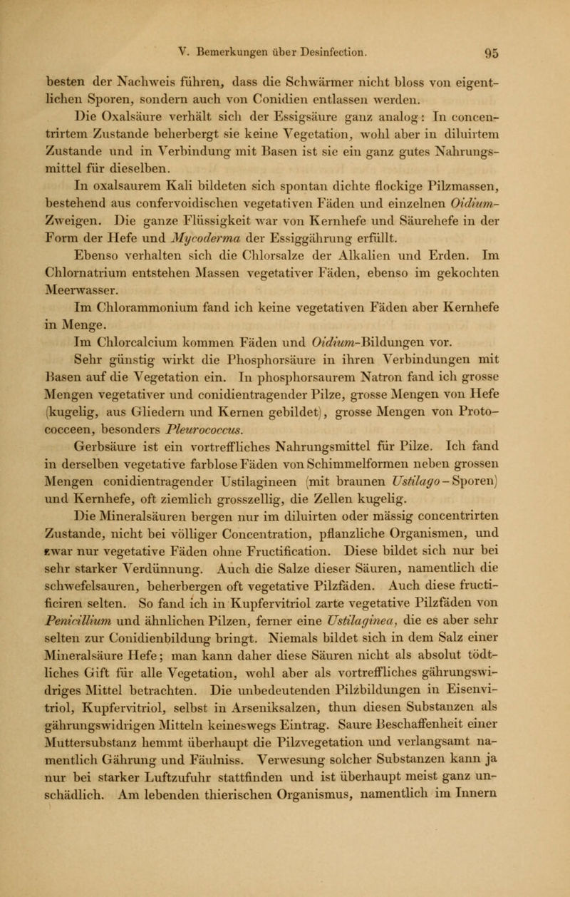 besten der Nachweis führen, dass die Schwärmer nicht bloss von eigent- lichen Sporen, sondern auch von Conidien entlassen werden. Die Oxalsäure verhält sich der Essigsäure ganz analog: In concen- trirtem Zustande beherbergt sie keine Vegetation, wohl aber in diluirtem Zustande und in Verbindung mit Basen ist sie ein ganz gutes Nahrungs- mittel für dieselben. In oxalsaurem Kali bildeten sich spontan dichte flockige Pilzmassen, bestehend aus confervoidischen vegetativen Fäden und einzelnen Oidium- Zweigen. Die ganze Flüssigkeit war von Kernhefe und Säurehefe in der Form der Hefe und Mycoderma der Essiggährung erfüllt. Ebenso verhalten sich die Chlorsalze der Alkalien und Erden. Im Chlornatrium entstehen Massen vegetativer Fäden, ebenso im gekochten Meerwasser. Im Chlorammonium fand ich keine vegetativen Fäden aber Kernhefe in Menge. Im Chlorcalcium kommen Fäden und 0/c?mM-Bildungen vor. Sehr günstig wirkt die Phosphorsäure in ihren Verbindungen mit Basen auf die Vegetation ein. In phosphorsaurem Natron fand ich grosse Mengen vegetativer und conidientragender Pilze, grosse Mengen von Hefe (kugelig, aus Gliedern und Kernen gebildet), grosse Mengen von Proto- cocceen, besonders Pleurococcus. Gerbsäure ist ein vortreffliches Nahrungsmittel für Pilze. Ich fand in derselben vegetative farblose Fäden von Schimmelformen neben grossen Mengen conidientragender Ustilagineen (mit braunen Ustilaffo-S'^oren) und Kernhefe, oft ziemlich grosszellig, die Zellen kugelig. Die Mineralsäuren bergen nur im diluirten oder massig concentrirten Zustande, nicht bei völliger Concentration, pflanzliche Organismen, und Ewar nur vegetative Fäden ohne Fructification. Diese bildet sich nur bei sehr starker Verdünnung. Auch die Salze dieser Säuren, namentlich die schwefelsauren, beherbergen oft vegetative Pilzfäden. Auch diese fructi- ficiren selten. So fand ich in Kupfervitriol zarte vegetative Pilzfäden von Penicillium und ähnlichen Pilzen, ferner eine TJstilaginea, die es aber sehr selten zur Conidienbildung bringt. Niemals bildet sich in dem Salz einer Mineralsäure Hefe; man kann daher diese Säuren nicht als absolut tödt- liches Gift für alle Vegetation, wohl aber als vortreffliches gährungswi- driges INIittel betrachten. Die unbedeutenden Pilzbildungen in Eisenvi- triol, Kupfervitriol, selbst in Arseniksalzen, thun diesen Substanzen als gährungswidrigen ^Mitteln keineswegs Eintrag. Saure Beschaffenheit einer Muttersubstanz hemmt überhaupt die Pilzvegetation und verlangsamt na- mentlich Gährung und Fäulniss. Verwesung solcher Substanzen kann ja nur bei starker Luftzufuhr stattfinden und ist überhaupt meist ganz un- schädlich. Am lebenden thierischen Organismus, namentlich im Innern