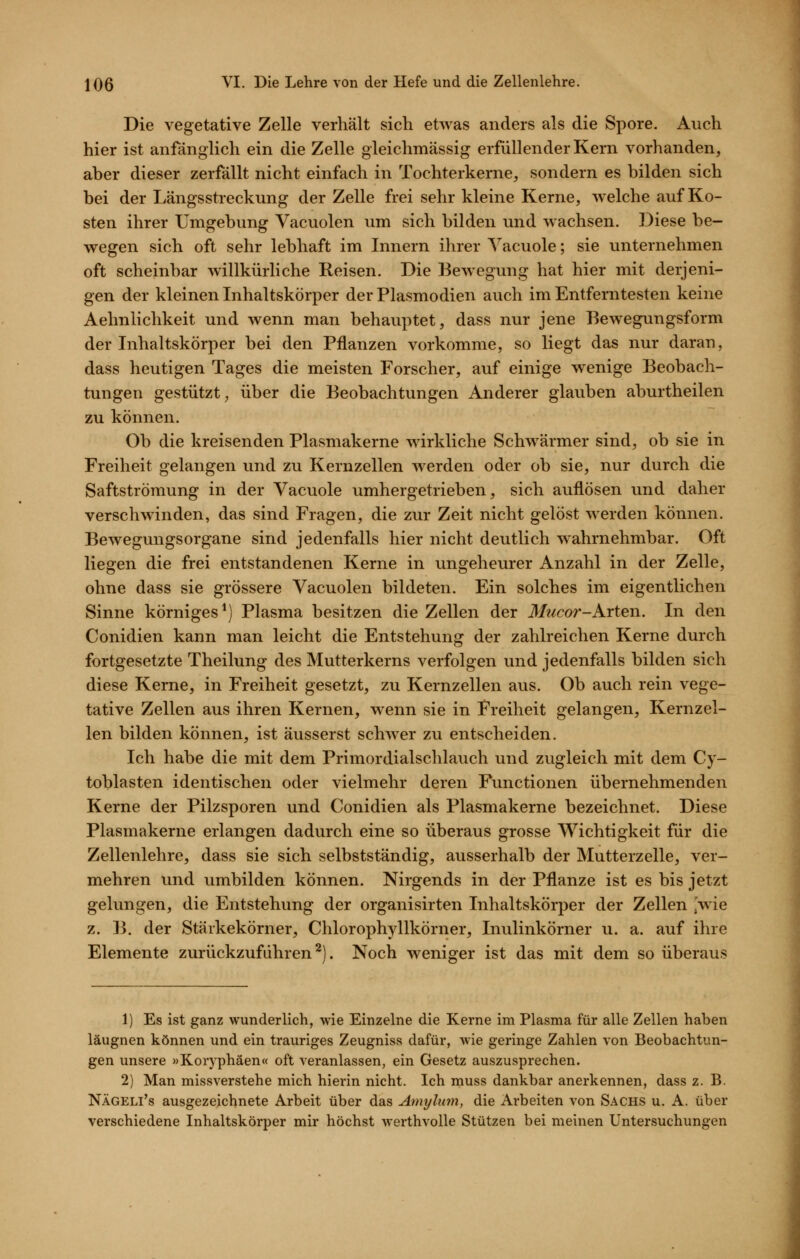 Die vegetative Zelle verhält sich etwas anders als die Spore. Auch hier ist anfänglich ein die Zelle gleichmässig erfüllender Kern vorhanden, aber dieser zerfällt nicht einfach in Tochterkerne, sondern es bilden sich bei der Längsstreckung der Zelle frei sehr kleine Kerne, welche auf Ko- sten ihrer Umgebung Vacuolen um sich bilden und wachsen. Diese be- wegen sich oft sehr lebhaft im Innern ilirer Yacuole; sie unternehmen oft scheinbar willkürliche Reisen. Die Bewegung hat hier mit derjeni- gen der kleinen Inhaltskörper der Plasmodien auch im Entferntesten keine Aehnlichkeit und wenn man behauptet, dass nur jene Bewegungsform der Inhaltskörper bei den Pflanzen vorkomme, so liegt das nur daran, dass heutigen Tages die meisten Forscher, auf einige wenige Beobach- tungen gestützt; über die Beobachtungen Anderer glauben aburtheilen zu können. Ob die kreisenden Plasmakerne wirkliche Schwärmer sind, ob sie in Freiheit gelangen und zu Kernzellen werden oder ob sie, nur durch die Saftströmung in der Vacuole umhergetrieben, sich auflösen und daher verschwinden, das sind Fragen, die zur Zeit nicht gelöst werden können. Bewegungsorgane sind jedenfalls hier nicht deutlich w^ahrnehmbar. Oft liegen die frei entstandenen Kerne in ungeheurer Anzahl in der Zelle, ohne dass sie grössere Vacuolen bildeten. Ein solches im eigentlichen Sinne körniges*) Plasma besitzen die Zellen der 3/?/cor-Arten. In den Conidien kann man leicht die Entstehung der zahlreichen Kerne durch fortgesetzte Theilung des Mutterkerns verfolgen und jedenfalls bilden sich diese Kerne, in Freiheit gesetzt, zu Kernzellen aus. Ob auch rein vege- tative Zellen aus ihren Kernen, wenn sie in Freiheit gelangen, Kernzel- len bilden können, ist äusserst schwer zu entscheiden. Ich habe die mit dem Primordialschlauch und zugleich mit dem Cy- toblasten identischen oder vielmehr deren Functionen übernehmenden Kerne der Pilzsporen und Conidien als Plasmakerne bezeichnet. Diese Plasmakerne erlangen dadurch eine so überaus grosse Wichtigkeit für die Zellenlehre, dass sie sich selbstständig, ausserhalb der Mutterzelle, ver- mehren und umbilden können. Nirgends in der Pflanze ist es bis jetzt gelungen, die Entstehung der organisirten Inhaltskörper der Zellen [wie z. B. der Stärkekörner, Chlorophyllkörner, Inulinkörner u. a. auf ihre Elemente zurückzuführen^). Noch weniger ist das mit dem so überaus 1) Es ist ganz wunderlich, wie Einzelne die Kerne im Plasma für alle Zellen haben läugnen können und ein trauriges Zeugniss dafür, wie geringe Zahlen von Beobachtun- gen unsere »Koryphäen« oft veranlassen, ein Gesetz auszusprechen. 2) Man missverstehe mich hierin nicht. Ich muss dankbar anerkennen, dass z. B. NÄGELl's ausgezeichnete Arbeit über das Amyliim, die Arbeiten von Sachs u. A. über verschiedene Inhaltskörper mir höchst werthvolle Stützen bei meinen Untersuchungen
