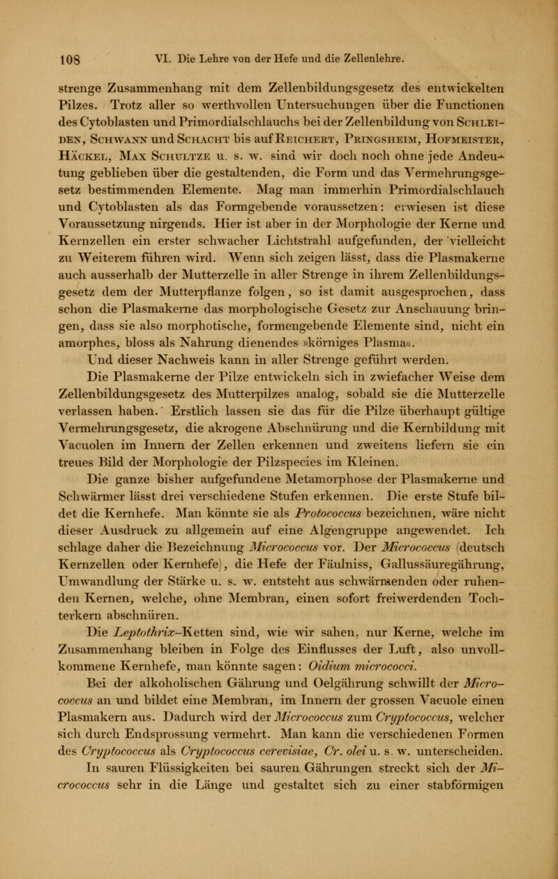 strenge Zusammenliang mit dem Zellenbildungsgesetz des entwickelten Pilzes. Trotz aller so werthvollen Untersuchungen über die Functionen des Cytoblasten und Primordialschlauchs bei der Zellenbildung von Schlei- DEN, Schwann und Schacht bis auf Reichert, Pringsheim, Hofmeister, Häckel, Max Schultze u. s. w. sind wir doch noch ohne jede Andeu-^ tung geblieben über die gestaltenden, die Form und das Vermehrungsge- setz bestimmenden Elemente. Mag man immerhin Primordialschlauch und Cytoblasten als das Formgebende voraussetzen: erwiesen ist diese Voraussetzung nirgends. Hier ist aber in der Morphologie der Kerne und Kernzellen ein erster schwacher Lichtstrahl aufgefunden, der vielleicht zu Weiterem führen wird. Wenn sich zeigen lässt, dass die Plasmakerne auch ausserhalb der Mutterzelle in aller Strenge in ihrem Zellenbildungs- gesetz dem der Mutterpflanze folgen, so ist damit ausgesprochen, dass schon die Plasmakerne das morphologische Gesetz zur Anschauung brin- gen, dass sie also morphotische, formengebende Elemente sind, nicht ein amorphes, bloss als Nahrung dienendes «körniges Plasmacc Und dieser Nachw^eis kann in aller Strenge geführt werden. Die Plasmakerne der Pilze entwickeln sich in zwiefacher Weise dem Zellenbildungsgesetz des Mutterpilzes analog, sobald sie die Mutterzelle verlassen haben.' Erstlich lassen sie das für die Pilze überhaupt gültige Vermehrungsgesetz, die akrogene Abschnürung und die Kernbildung mit Vacuolen im Innern der Zellen erkennen und zweitens liefern sie ein treues Bild der Morphologie der Pilzspecies im Kleinen. Die ganze bisher aufgefundene Metamorphose der Plasmakerne und Schwärmer lässt drei verschiedene Stufen erkennen. Die erste Stufe bil- det die Kernhefe. Man könnte sie als Protococcus bezeichnen, wäre nicht dieser Ausdruck zu allgemein auf eine Algengruppe angewendet. Ich schlage daher die Bezeichnung Micrococcus vor. Der Micrococcus (deutsch Kernzellen oder Kernhefe), die Hefe der Fäulniss, Gallussäuregährung, Umwandlung der Stärke u. s. w. entsteht aus schwärmenden oder ruhen- den Kernen, welche, ohne Membran, einen sofort freiwerdenden Toch- terkern abschnüren. Die Leptotkrix-Ketten sind, wie wir saheU; nur Kerne, welche im Zusammenhang bleiben in Folge des Einflusses der Luft, also unvoll- kommene Kernhefe, man könnte sagen: Oidium micrococci. Bei der alkoholischen Gährung und Oelgährung schwillt der Micro- coccus an und bildet eine Membran, im Innern der grossen Va<!uole einen Plasmakern aus. Dadurch wird diQXMicrococcus zum Cryptococcus, w^elcher sich durch Endsprossung vermehrt. Man kann die verschiedenen Formen des Cryptococcus als Cryptococcus cerevisiae, Cr. oleiu. s. w. unterscheiden. In sauren Flüssigkeiten bei sauren Gährungen streckt sich der Mi- crococcus sehr in die Länge und gestaltet sich zu einer stabförmigen