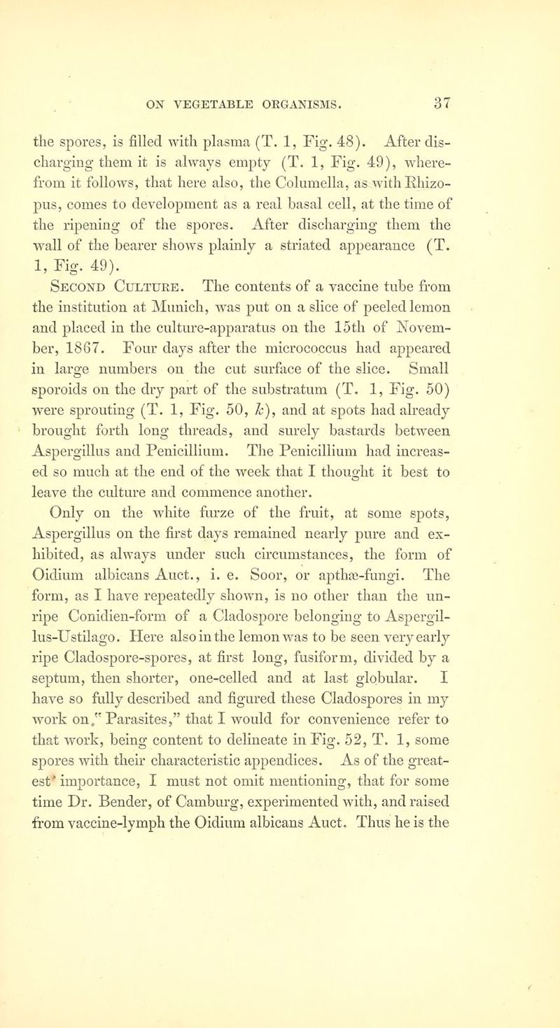 the spores, is filled with plasma (T. 1, Fig. 48). After dis- charging them it is always empty (T. 1, Fig. 49), where- from it follows, that here also, the Cohimella, as withRhizo- piis, comes to development as a real basal cell, at the time of the ripening of the spores. After discharging them the wall of the bearer shows plainly a striated appearance (T. 1, Fig. 49). Second Culture. The contents of a vaccine tube from the institution at Munich, was put on a slice of peeled lemon and placed in the culture-apparatus on the 15th of ISTovem- ber, 1867. Four days after the micrococcus had appeared in laro'e numbers on the cut surface of the slice. Small sporoids on the dry part of the substratum (T. 1, Fig. 50) were sprouting (T. 1, Fig. 50, h), and at spots had already brought forth long threads, and surely bastards betw^een Aspergillus and Penicillium. The Penicillium had increas- ed so much at the end of the week that I thouo-ht it best to leave the culture and commence another. Only on the white furze of the fruit, at some spots, Aspergillus on the first days remained nearly pure and ex- hibited, as always under such circumstances, the form of Oidium albicans Auct., i. e. Soor, or apthce-fungi. The form, as I have repeatedly shown, is no other than the un- ripe Conidien-form of a Cladospore belonging to Aspergil- lus-Ustilago. Here also in the lemon was to be seen very early ripe Cladospore-spores, at first long, fusiform, divided by a septum, then shorter, one-celled and at last globular. I have so fully described and figured these Cladospores in my work on/' Parasites, that I would for convenience refer to that work, being content to delineate in Fig. 52, T. 1, some spores with their characteristic appendices. As of the great- est* importance, I must not omit mentioning, that for some time Dr. Bender, of Camburg, experimented with, and raised from vaccine-lymph the Oidium albicans Auct. Thus he is the