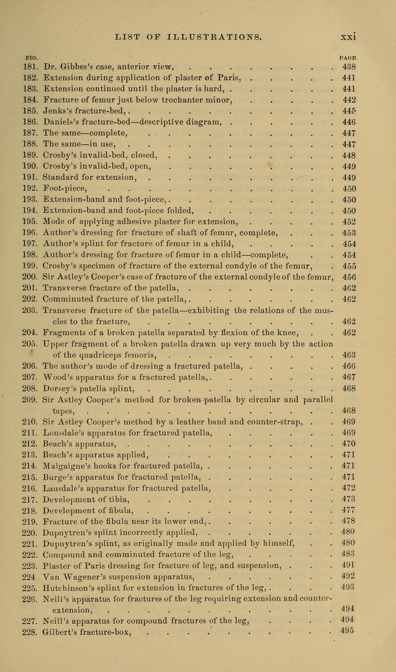 FIG. ' PAGE 181. Dr. Gibbes's case, anterior view, ........ 438 182. Extension during application of plaster of Paris, 441 183. Extension continued until the plaster is hard, ...... 441 184. Eracture of femur just below trochanter minor, ..... 442 185. Jenks's fracture-bed, ........... 445 186. Daniels's fracture-bed—descriptive diagram, ...... 446 187. The same—complete, ... . . . . . . . . 447 188. The same—in use, ........... 447 189. Crosby's invalid-bed, closed, 448 190. Crosby's invalid-bed, open, ......... 449 191. Standard for extension, .......... 449 192. Foot-piece, 450 193. Extension-band and foot-piece,......... 450 194. Extension-band and foot-piece folded, . . . . . . . 450 195. Mode of applying adhesive plaster for extension, ..... 452 196. Author's dressing for fracture of shaft of femur, complete, . . . 453 197. Author's splint for fracture of femur in a child, ..... 454 198. Author's dressing for fracture of femur in a child—complete, . . 454 199. Crosby's sjDecimen of fracture of the external condyle of the femur, . 455 200. Sir Astley's Cooper's case of fracture of the external condyle of the femur, 456 201. Transverse fracture of the patella, ........ 462 202. Comminuted fracture of the patella,........ 462 203. Transverse fracture of the patella—exhibiting the relations of the mus- cles to the fracture, .......... 462 204. Fragments of a broken patella separated by flexion of the knee, . . 462 205. Upper fragment of a broken patella drawn up very much by the action of the quadriceps feinoris, . ... . . . . . . 463 206. The author's mode of dressing a fractured patella, ..... 466 207. Wood's apparatus for a fractured patella,. ...... 467 208. Dorsey's patella splint, .......... 468 209. Sir Astley Cooper's method for broken patella by circular and parallel tapes, 468 210. Sir Astley Cooper's method by a leather band and counter-strap, . . 469 211. Lonsdale's apparatus for fractured patella, ...... 469 212. Beach's apparatus, 470 213. Beach's apparatus applied, ......... 471 214. Malgaigne's hooks for fractured patella, 471 215. Burge's apparatus for fractured patella, ....... 471 216. Lausdale's apparatus for fractured patella, ...... 472 217. Development of tibia, 473 218. Development of fibula, .......... 477 219. Fracture of the fibula near its lower end,. ...... 478 220. Dupuytren's splint incorrectly applied, 480 221. Dupuytren's splint, as originally made and applied by himself, . . 480 222. Compound and comminuted fracture of the leg, ..... 483 223. Plaster of Paris dressing for fracture of leg, and suspension, . . . 491 224 Van Wagener's suspension apparatus, ....... 492 225. Hutchinson's splint for extension in fractures of the leg, . . . . 493 226. Neill's apparatus for fractures of the leg requiring extension and counter- extension, ............ 494 227. Neill's apparatus for compound fractures of the leg, .... 494 228. Gilbert's fracture-box, . . . .' . . . . . .495