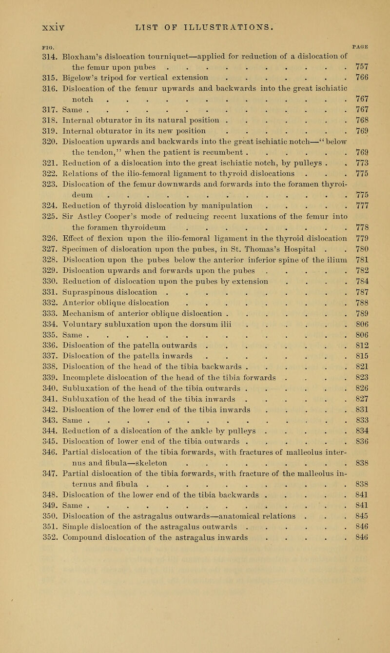 FIGt. PAGE 314. Bloxham's dislocation tourniquet—applied for reduction of a dislocation of the femur upon pubes .......... 757 315. Bigelow's tripod for vertical extension ....... 766 316. Dislocation of the femur upwards and backwards into the great ischiatic notch ............. 767 317. Same 767 318. Internal obturator in its natural position ....... 768 319. Internal obturator in its new position ....... 769 320. Dislocation upwards and backwards into the great ischiatic notch—below the tendon, when the patient is recumbent ...... 769 321. Reduction of a dislocation into the great ischiatic notch, by pulleys . . 773 322. Relations of the ilio-femoral ligament to thyroid dislocations . . . 775 323. Dislocation of the femur downwards and forwards into the foramen thyroi- deum ■ 775 324. Reduction of thyroid dislocation by manipulation ..... 777 325. Sir Astley Cooper's mode of reducing recent luxations of the femur into the foramen thyroideum .......... 778 326. Effect of flexion upon the ilio-femoral ligament in the thyroid dislocation 779 327. Specimen of dislocation upon the pubes, in St. Thomas's Hospital . . 780 328. Dislocation upon the pubes below the anterior inferior spine of the ilium 781 329. Dislocation upwards and forwards upon the pubes . . . . . 782 330. Reduction of dislocation upon the pubes by extension .... 784 331. Supraspinous dislocation .......... 787 332. Anterior oblique dislocation ......... 788 333. Mechanism of anterior oblique dislocation ....... 789 334. Voluntary subluxation upon the dorsum ilii ...... 806 335. Same 806 336. Dislocation of the patella outwards ........ 812 337. Dislocation of the patella inwards ........ 815 338. Dislocation of the head of the tibia backwards ...... 821 339. Incomplete dislocation of the head of the tibia forwards .... 823 340. Subluxation of the head of the tibia outwards ...... 826 341. Subluxation of the head of the tibia inwards ...... 827 342. Dislocation of the lower end of the tibia inwards ..... 831 343. Same 833 344. Reduction of a dislocation of the ankle by pulleys ..... 834 345. Dislocation of lower end of the tibia outwards ...... 836 346. Partial dislocation of the tibia forwards, with fractures of malleolus inter- nus and fibula—skeleton ......... 838 347. Partial dislocation of the tibia forwards, with fracture of the malleolus in- ternus and fibula ........... 838 348. Dislocation of the lower end of the tibia backwards ..... 841 349. Same . 841 350. Dislocation of the astragalus outwards—anatomical relations . . . 845 351. Simple dislocation of the astragalus outwards ...... 846 352. Compound dislocation of the astragalus inwards ..... 846