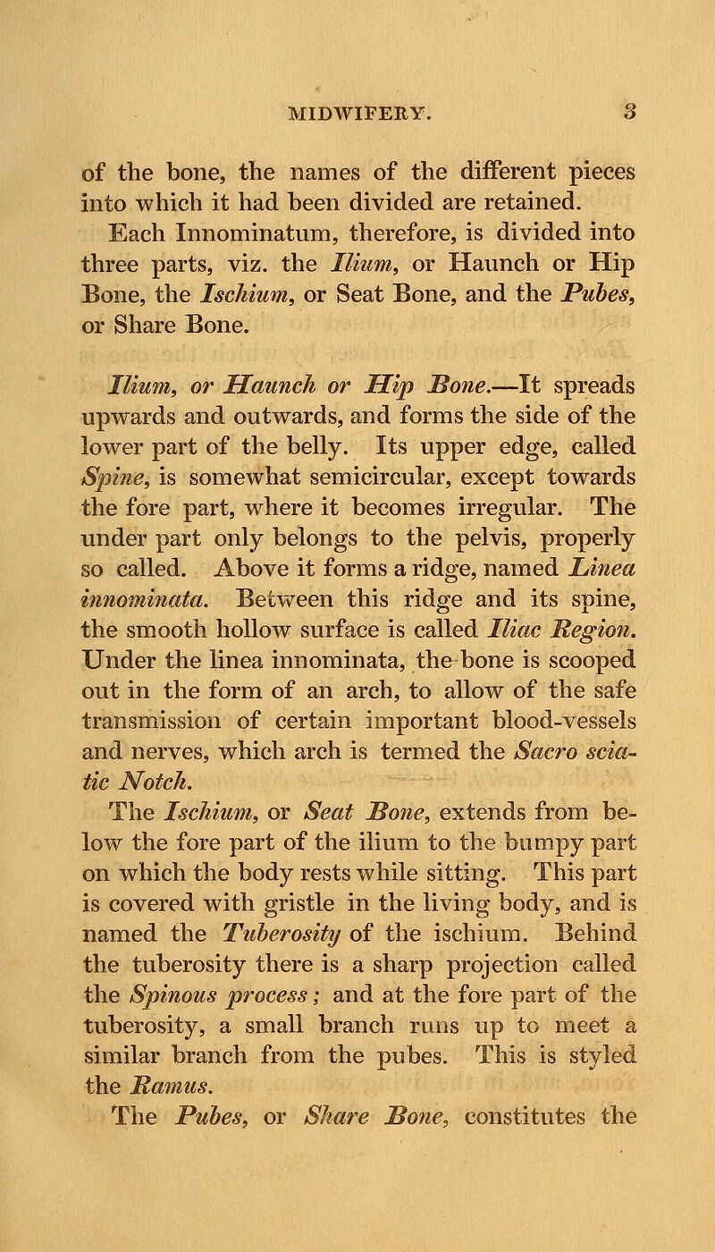 of the bone, the names of the different pieces into which it had been divided are retained. Each Innominatum, therefore, is divided into three parts, viz. the Ilium, or Haunch or Hip Bone, the Ischium, or Seat Bone, and the Pubes, or Share Bone. Ilium, or Haunch or Hip Bone.—It spreads upwards and outwards, and forms the side of the lower part of the belly. Its upper edge, called Spine, is somewhat semicircular, except towards the fore part, where it becomes irregular. The under part only belongs to the pelvis, properly so called. Above it forms a ridge, named Linea innominata. Betw^een this ridge and its spine, the smooth hollow surface is called Iliac Region. Under the linea innominata, the bone is scooped out in the form of an arch, to allow of the safe transmission of certain important blood-vessels and nerves, which arch is termed the Sacro scia- tic Notch. The Ischium, or Seat Bone, extends from be- low the fore part of the ilium to the bumpy part on which the body rests while sitting. This part is covered with gristle in the living body, and is named the Tuberosity of the ischium. Behind the tuberosity there is a sharp projection called the Spinous process; and at the fore part of the tuberosity, a small branch runs up to meet a similar branch from the pubes. This is styled the Ramus. The Pubes, or Share Bone, constitutes the