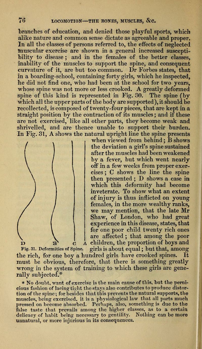 branches of education, and denied those playful sports, which alike nature and common sense dictate as agreeable and proper. In all the classes of persons referred to, the effects of neglected muscular exercise are shown in a general increased suscepti- bility to disease; and in the females of the better classes, inability of the muscles to support the spine, and consequent curvature of it, are but too common. Dr Forbes states, that in a boarding-school, containing forty girls, which he inspected, he did not find one, who had been at the school for two years, whose spine was not more or less crooked. A greatly deformed spine of this kind is represented in Fig. 30. The spine (by which all the upper parts of the body are supported), it should he recollected, is composed of twenty-four pieces, that are kept in a straight position by the contraction of its muscles; and if these are not exercised, like all other parts, they become weak and shrivelled, and are thence unable to support their burden. In Fig. 31, A shows the natural upright line the spine presents when viewed from behind; B shows the deviation a girl's spine sustained after the muscles had been weakened by a fever, but which went nearly off in a few weeks from proper exer- cises ; C shows the line the spine then presented ; D shows a case in which this deformity had become inveterate. To show what an extent of injury is thus inflicted on young females, in the more wealthy ranks, we may mention, that the late Mr Shaw, of London, who had great experience in this disease, states, that for one poor child twenty rich ones are affected ; that among the poor •a^ c A children, the proportion of boys and Fig, 31. Deformities of Spine, girls is about equal; but that, among the rich, for one boy a hundred girls have crooked spines. It must be obvious, therefore, that there is something greatly wrong in the system of training to which these girls are gene- rally subjected.* * No doubt, want of exercise is the main cause of this, but the perni- cious fashion of lacing tiaht the stays also contributes to produce distor- tion of the spine; for besides that this prevents the natural supports, tlie muscles, being exercised, it is a physiological law that all parts much pressed on become absorbed. Perhaps, also, something is due to the false taste that prevails among the higher classes, as to a certain delicacy of habit being necessary to gentility. Nothing can be more unnatural, or more injurious in its consequences.