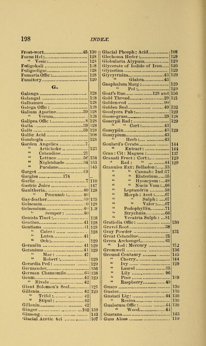 Frost-wort 45 FucusHel:  Vesic: F?Tligokali Fuligo-ligni FiiniariaOtfic : Fumitory 130 128 128 IJS 128 128 120 Galanga Galaiigal Galbaniiin Galega Offic: Galium Aparine..... 39  Verum Galipea Offic : 8 Galla 39 Galls 39 Gallic Acid Gambogia Garden Angelica 7  Artichoke..  Celandine 21  Lettuce 56  Nightshade 34  Purslane Garget 69 Gargles 174 Garlic 7 Gastric Juice Gaultheria 40  Procumb : 4U Gay-feather ii9 Gelseiiiiu U Gelseiiiium 4ii '• Semper: 4U Genista Tinct: Gentian 41 Gentiana 41  Gates: .  Lutea 41  Och: Geraniin 41 Geranium 41 Mac: 47  Robert: Gerardia Ped : Germander German Chamomile 6S Gcum 42  Rivale 42 Giant Solomon's Seal Gillenia 42  Triful:. 42  Stipul: 42 Gillenin 42 Ginger 102 (iinseng 'ilacial Acetic ^ci „ 128 128 128 128 128 128 128 128 128 108 128 123 134 153 145 110 147 128 135 128 128 128 128 128 128 129 129 129 129 129 156 138 129 121 129 159 143 107 144 144 137 129 129 Glacial Phosph: Acid 108 Glechoma Heder:.. 129 Globularia Alypum 129 Glycerate of Iodide of Iron 12G Glycerina 129 Giycyrrhiza 43 129 Glabra .43 Gnaphalum Marg: 129  Pol: 129 Goat's Rue 128 and 156 Gold Thread 29 121 Golden-rod 90 Golden Seal 49 132 Goodyera Pub: 129 Goose-grass 39 128 GossvpiiRad: 129  Cort: 43 Gossypiin 43 129 Gossypium 43 Herb: 43 Goulard's Cerate  Extract: Gran: Cit: Magnes : Granati Fnict: Cort: •' Rad :  44 Granules Ext: Relladon : 13  Cannab: Ind:17   Elaterium 35   Hvoscyam:...49   Nucis Vom:...66  Leptandrin 58  MorphiAcet: 67 Sulph:....67   Yaler: 67  Podophyllin 71 '• Strychnia 66  Veratria Sulph : ...81 Gratiolia Offic: Gravel Root 38 Gray Powder Great Celandine 21 Green Archangel 61  lod: Mercury Gromwell Ground Centaury '* Cherrv  Ivy  Laurel 35  Lily 96  Pine  Raspberry 49 Guaco Guaiac Guaiaci Lig: 44  Resina Guaiacum Offic: 44  Wood 44 Gnarana 130 131 1S2 136 145 144 129