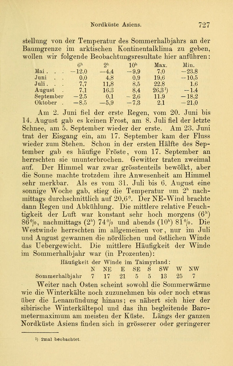 Stellung von der Temperatur des Sommerlialbjalirs an der Baumgrenze im arktischen Kontinentalklima zu geben, wollen wir folgende Beobachtungsresultate hier anführen: Ö'^ 2^ 10^ Max. Min. Mai. . . -12,0 -4,4 -9,9 7,0 -23,8 Juni 0,0 4,8 0,9 19,6 -10,5 Juli. . . 7,7 11,8 8,5 22,8 1,6 August 7,1 16,3 8,4 26,3^) -1,4 September -2,5 0,1 -2,6 11,9 -18,2 Oktober . -8.5 —5,9 -7,3 2,1 -21,0 Am 2. Juni fiel der erste Regen, vom 20. Juni bis 14. August gab es keinen Frost, am 8. Juli fiel der letzte Schnee, am 5. September wieder der erste. Am 23. Juni trat der Eisgang ein, am 17. September kam der Fluss wieder zum Stehen. Schon in der ersten Hälfte des Sep- tember gab es häufige Fröste, vom 17. September an herrschten sie ununterbrochen. Gewitter traten zweimal auf. Der Himmel war zwar grösstenteils bewölkt, aber die Sonne machte trotzdem ihre Anwesenheit am Himmel sehr merkbar. Als es vom 31. Juli bis 6. August eine sonnige Woche gab, stieg die Temperatur um 2^ nach- mittags durchschnittlich auf 20,6*^. Der NE-Wind brachte dann Regen und Abkühlung. Die mittlere relative Feuch- tigkeit der Luft war konstant sehr hoch morgens (6^) 86>, nachmittags (2^) 74> und abends (10^) 81 >. Die Westwinde herrschten im allgemeinen vor, nur im Juli und August gewannen die nördlichen und östlichen Winde das Uebergewicht. Die mittlere Häufigkeit der Winde im Sommerhalbjahr war (in Prozenten): Häufigkeit der Winde im Taimyrland: N NE E SE S SW W NW Sommerhalbjahr 7 17 21 5 5 13 25 7 Weiter nach Osten scheint sowohl die Sommerwärme wie die Winterkälte noch zuzunehmen bis oder noch etwas über die Lenamündung hinaus; es nähert sich hier der sibirische Winterkältepol und das ihn begleitende Baro- metermaximum am meisten der Küste. Längs der ganzen Nordküste Asiens finden sich in grösserer oder geringerer 1) 2B[ial beobaclitet.