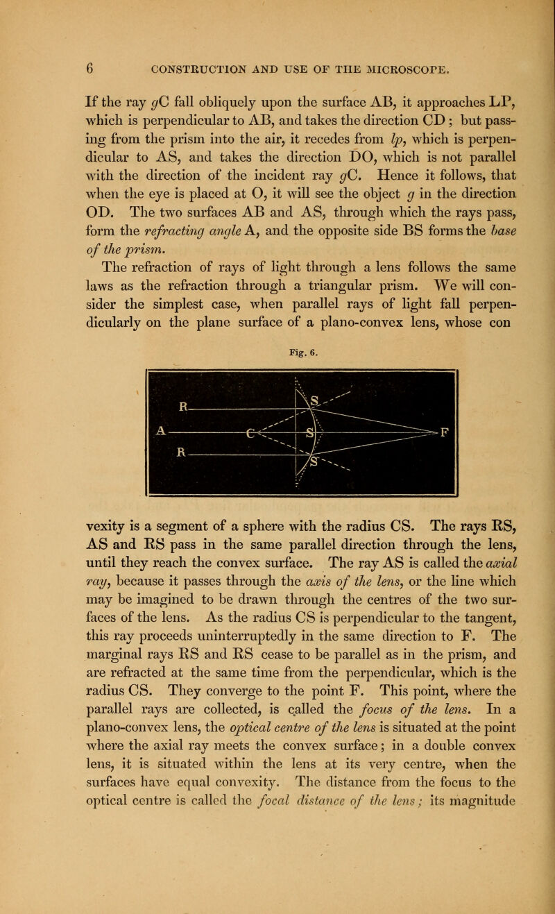 If the ray gC fall obliquely upon the surface AB, it approaches LP, which is perpendicular to AB, and takes the direction CD ; but pass- ing from the prism into the air, it recedes from Ip, which is perpen- dicular to AS, and takes the direction DO, which is not parallel with the direction of the incident ray gC, Hence it follows, that when the eye is placed at O, it will see the object g in the direction OD. The two surfaces AB and AS, through which the rays pass, form the refracting angle A, and the opposite side BS forms the base of the prism. The refraction of rays of light through a lens follows the same laws as the refraction through a triangular prism. We will con- sider the simplest case, when parallel rays of light fall perpen- dicularly on the plane surface of a plano-convex lens, whose con Fig. 6. vexity is a segment of a sphere with the radius CS. The rays ES, AS and RS pass in the same parallel direction through the lens, until they reach the convex surface. The ray AS is called the axial ray, because it passes through the axis of the lens, or the line which may be imagined to be drawn through the centres of the two sur- faces of the lens. As the radius CS is perpendicular to the tangent, this ray proceeds uninterruptedly in the same direction to F. The marginal rays RS and RS cease to be parallel as in the prism, and are refracted at the same time from the perpendicular, which is the radius CS. They converge to the point F. This point, where the parallel rays are collected, is called the focus of the lens. In a plano-convex lens, the optical centre of the lens is situated at the point where the axial ray meets the convex surface; in a double convex lens, it is situated within the lens at its very centre, when the surfaces have equal convexity. The distance from the focus to the optical centre is called the focal distance of the lens; its magnitude