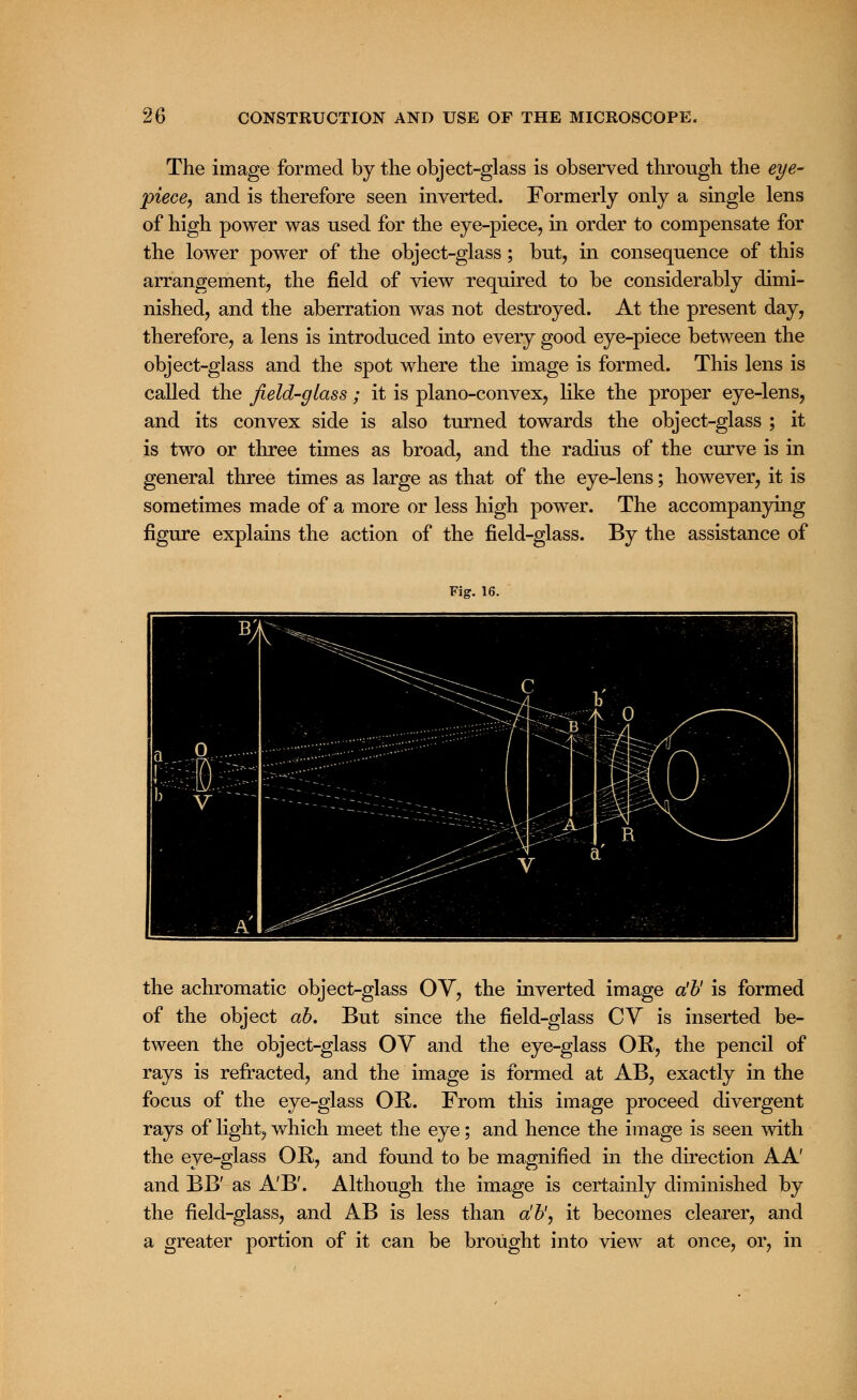 The image formed by the object-glass is observed through the eye- piece, and is therefore seen inverted. Formerly only a single lens of high power was used for the eye-piece, in order to compensate for the lower power of the object-glass; but, in consequence of this arrangement, the field of view required to be considerably dimi- nished, and the aberration was not destroyed. At the present day, therefore, a lens is introduced into every good eye-piece between the object-glass and the spot where the image is formed. This lens is called the field-glass; it is plano-convex, like the proper eye-lens, and its convex side is also turned towards the object-glass ; it is two or three times as broad, and the radius of the curve is in general three times as large as that of the eye-lens; however, it is sometimes made of a more or less high power. The accompanying figure explains the action of the field-glass. By the assistance of Fig. 16. the achromatic object-glass OV, the inverted image a'b' is formed of the object ah. But since the field-glass CV is inserted be- tween the object-glass OV and the eye-glass OR, the pencil of rays is refracted, and the image is formed at AB, exactly in the focus of the eye-glass OR. From this image proceed divergent rays of light, which meet the eye; and hence the image is seen with the eye-glass OR, and found to be magnified in the direction AA' and BB' as AB'. Although the image is certainly diminished by the field-glass, and AB is less than a'b', it becomes clearer, and a greater portion of it can be brought into view at once, or, in