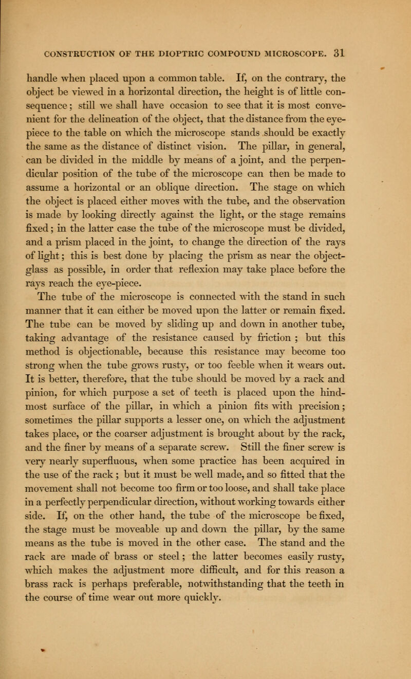 handle when placed upon a common table. If, on the contrary, the object be viewed in a horizontal direction, the height is of little con- sequence ; still we shall have occasion to see that it is most conve- nient for the delineation of the object, that the distance from the eye- piece to the table on which the microscope stands should be exactly the same as the distance of distinct vision. The pillar, in general, can be divided in the middle by means of a joint, and the perpen- dicular position of the tube of the microscope can then be made to assume a horizontal or an oblique direction. The stage on which the object is placed either moves with the tube, and the observation is made by looking directly against the light, or the stage remains fixed; in the latter case the tube of the microscope must be divided, and a prism placed in the joint, to change the direction of the rays of light; this is best done by placing the prism as near the object- glass as possible, in order that reflexion may take place before the rays reach the eye-piece. The tube of the microscope is connected with the stand in such manner that it can either be moved upon the latter or remain fixed. The tube can be moved by sliding up and down in another tube, taking advantage of the resistance caused by friction ; but this method is objectionable, because this resistance may become too strong when the tube grows rusty, or too feeble when it wears out. It is better, therefore, that the tube should be moved by a rack and pinion, for which purpose a set of teeth is placed upon the hind- most surface of the pillar, in which a pinion fits with precision; sometimes the pillar supports a lesser one, on which the adjustment takes place, or the coarser adjustment is brought about by the rack, and the finer by means of a separate screw. Still the finer screw is very nearly superfluous, when some practice has been acquired in the use of the rack; but it must be well made, and so fitted that the movement shall not become too firm or too loose, and shall take place in a perfectly perpendicular direction, without working towards either side. If, on the other hand, the tube of the microscope be fixed, the stage must be moveable up and down the pillar, by the same means as the tube is moved in the other case. The stand and the rack are made of brass or steel; the latter becomes easily rusty, which makes the adjustment more difficult, and for this reason a brass rack is perhaps preferable, notwithstanding that the teeth in the course of time wear out more quickly.