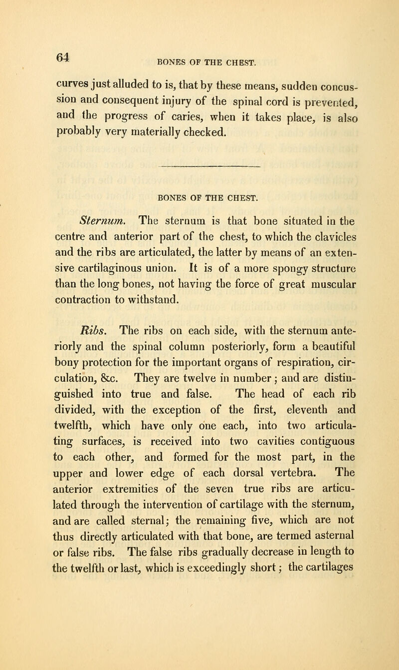 curves just alluded to is, that by these means, sudden concus- sion and consequent injury of the spinal cord is prevented, and the progress of caries, when it takes place, is also probably very materially checked. BONES OF THE CHEST. Sternum. The sternum is that bone situated in the centre and anterior part of the chest, to which the clavicles and the ribs are articulated, the latter by means of an exten- sive cartilaginous union. It is of a more spongy structure than the long bones, not having the force of great muscular contraction to withstand. Ribs. The ribs on each side, with the sternum ante- riorly and the spinal column posteriorly, form a beautiful bony protection for the important organs of respiration, cir- culation, &c. They are twelve in number; and are distin- guished into true and false. The head of each rib divided, with the exception of the first, eleventh and twelfth, which have only one each, into two articula- ting surfaces, is received into two cavities contiguous to each other, and formed for the most part, in the upper and lower edge of each dorsal vertebra. The anterior extremities of the seven true ribs are articu- lated through the intervention of cartilage with the sternum, and are called sternal; the remaining five, which are not thus directly articulated with that bone, are termed asternal or false ribs. The false ribs gradually decrease in length to the twelfth or last, which is exceedingly short; the cartilages