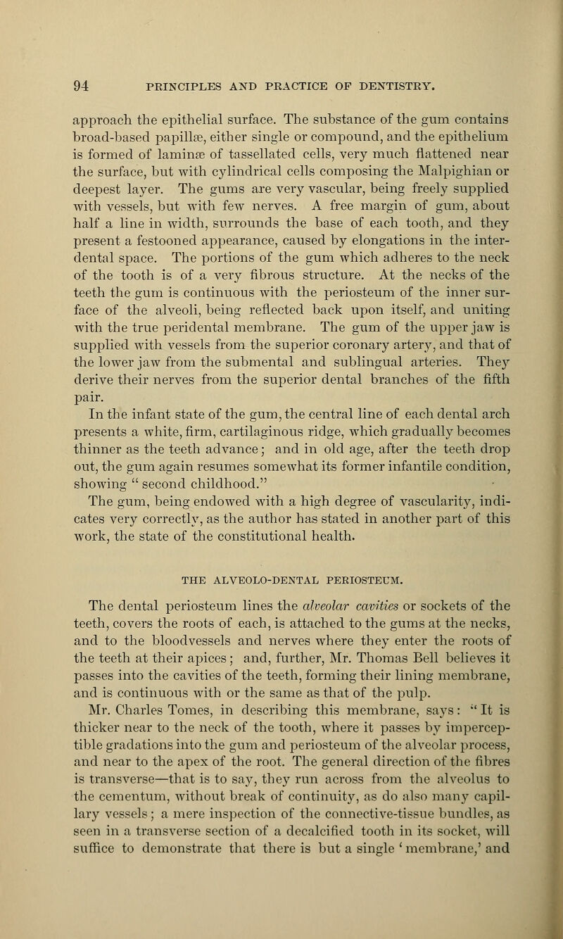 approach the epithelial surface. The substance of the gum contains broad-based papillse, eitber single or compound, and the epithelium is formed of laminae of tassellated cells, very much flattened near the surface, but with cylindrical cells composing the Malpighian or deepest layer. The gums are very vascular, being freely supplied with vessels, but with few nerves. A free margin of gum, about half a line in width, surrounds the base of each tooth, and they present a festooned appearance, caused by elongations in the inter- dental space. The portions of the gum which adheres to the neck of the tooth is of a very fibrous structure. At the necks of the teeth the gum is continuous with the periosteum of the inner sur- face of the alveoli, being reflected back upon itself, and uniting with the true peridental membrane. The gum of the upper jaw is supplied with vessels from the superior coronary artery, and that of the lower jaw from the submental and sublingual arteries. The}r derive their nerves from the superior dental branches of the fifth pair. In the infant state of the gum, the central line of each dental arch presents a white, firm, cartilaginous ridge, which gradually becomes thinner as the teeth advance; and in old age, after the teeth drop out, the gum again resumes somewhat its former infantile condition, showing  second childhood. The gum, being endowed with a high degree of vascularity, indi- cates very correctly, as the author has stated in another part of this work, the state of the constitutional health. THE ALVEOLO-DENTAL PERIOSTEUM. The dental periosteum lines the alveolar cavities or sockets of the teeth, covers the roots of each, is attached to the gums at the necks, and to the bloodvessels and nerves where they enter the roots of the teeth at their apices ; and, further, Mr. Thomas Bell believes it passes into the cavities of the teeth, forming their lining membrane, and is continuous with or the same as that of the pulp. Mr. Charles Tomes, in describing this membrane, says:  It is thicker near to the neck of the tooth, where it passes by impercep- tible gradations into the gum and periosteum of the alveolar process, and near to the apex of the root. The general direction of the fibres is transverse—that is to say, they run across from the alveolus to the cementum, without break of continuity, as do also many capil- lary vessels; a mere inspection of the connective-tissue bundles, as seen in a transverse section of a decalcified tooth in its socket, will suffice to demonstrate that there is but a single ' membrane,' and